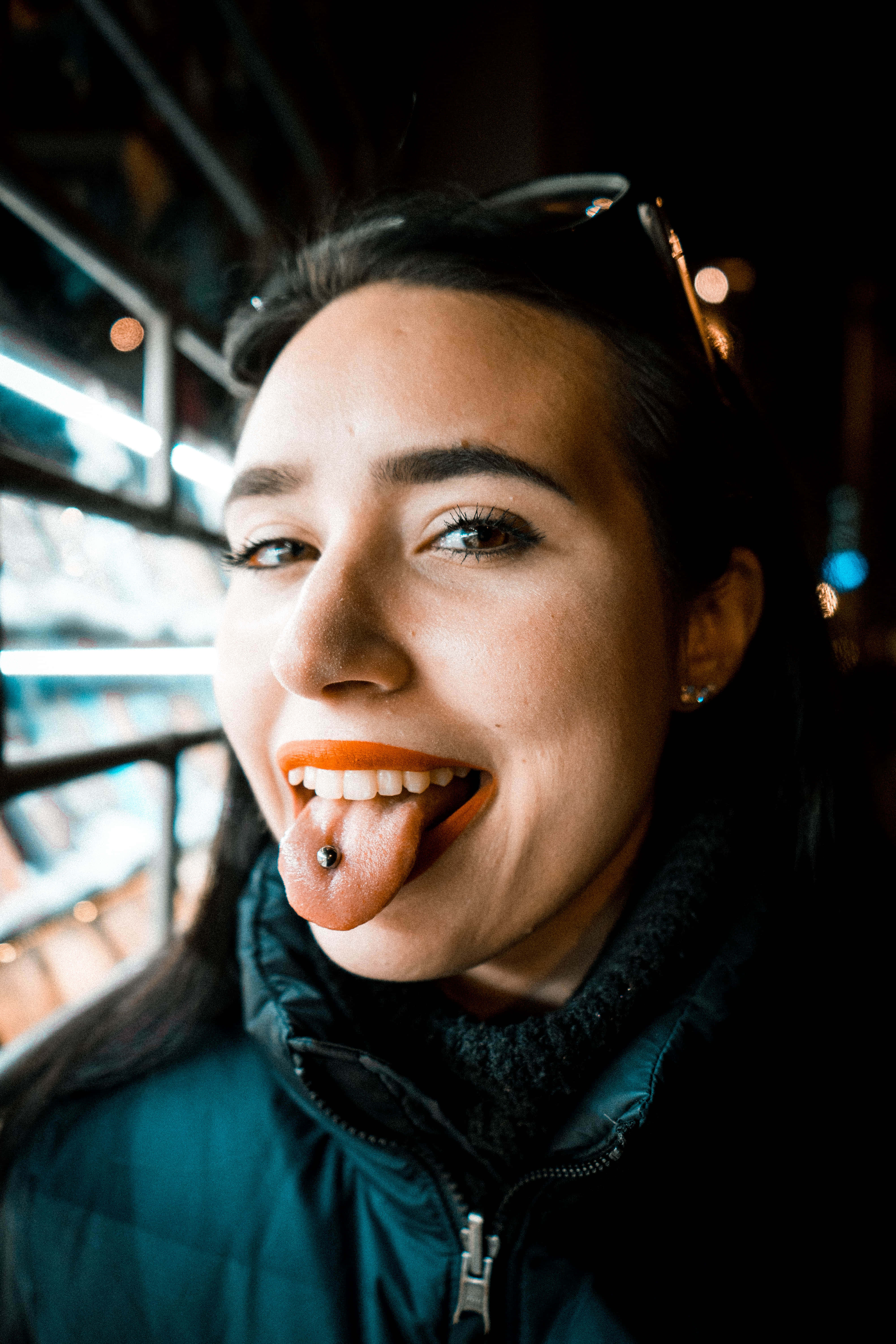 tongue piercing, dark hair, orange lipstick, 5K Phone Wallpaper