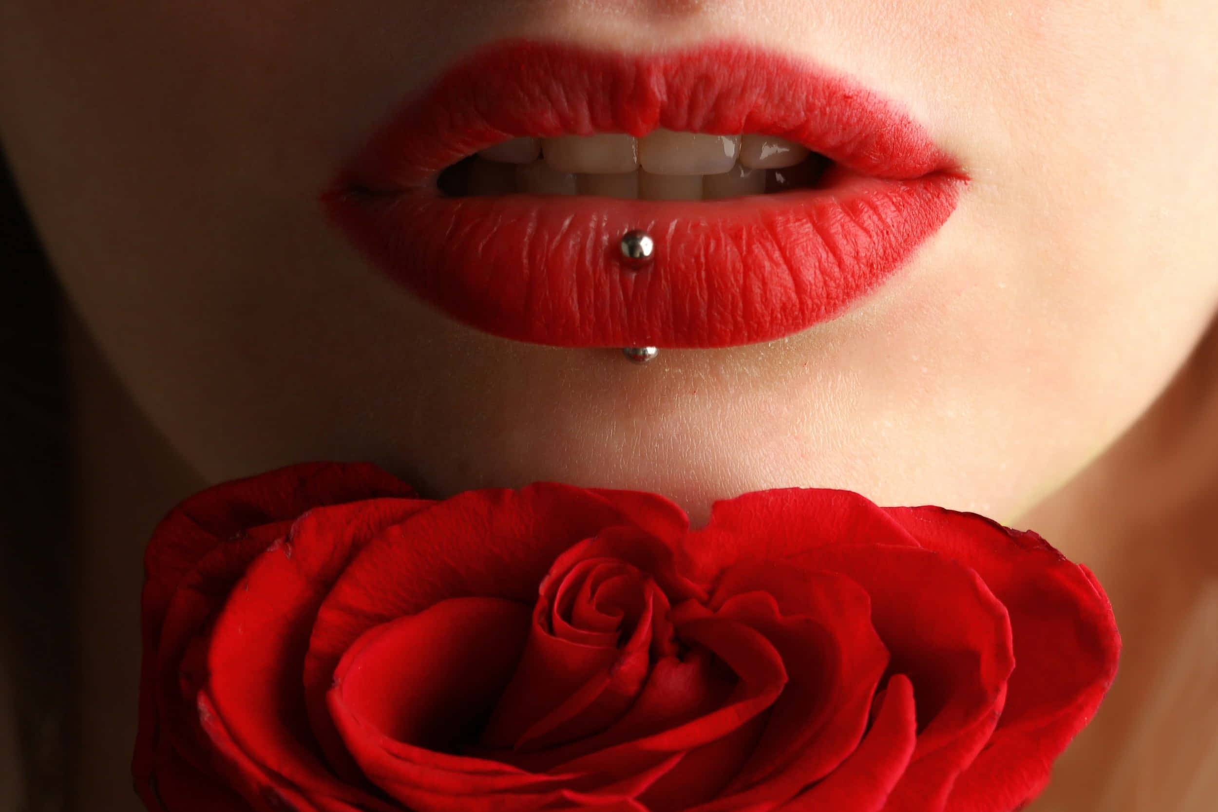 bold red lipstick, lip piercing, vivid red rose, Full HD Desktop Wallpaper