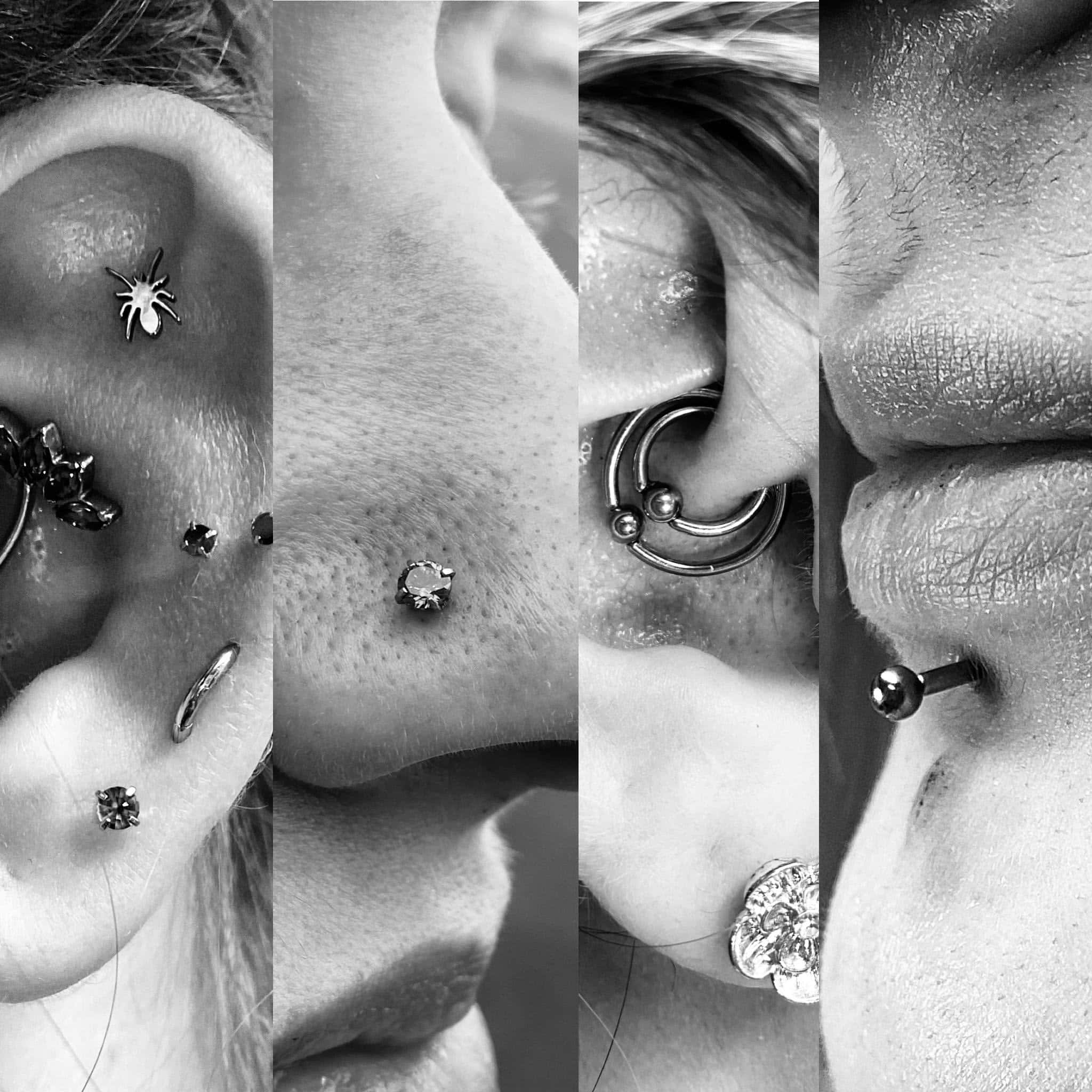 black and white, close-up collage, facial piercings, Full HD Desktop Wallpaper