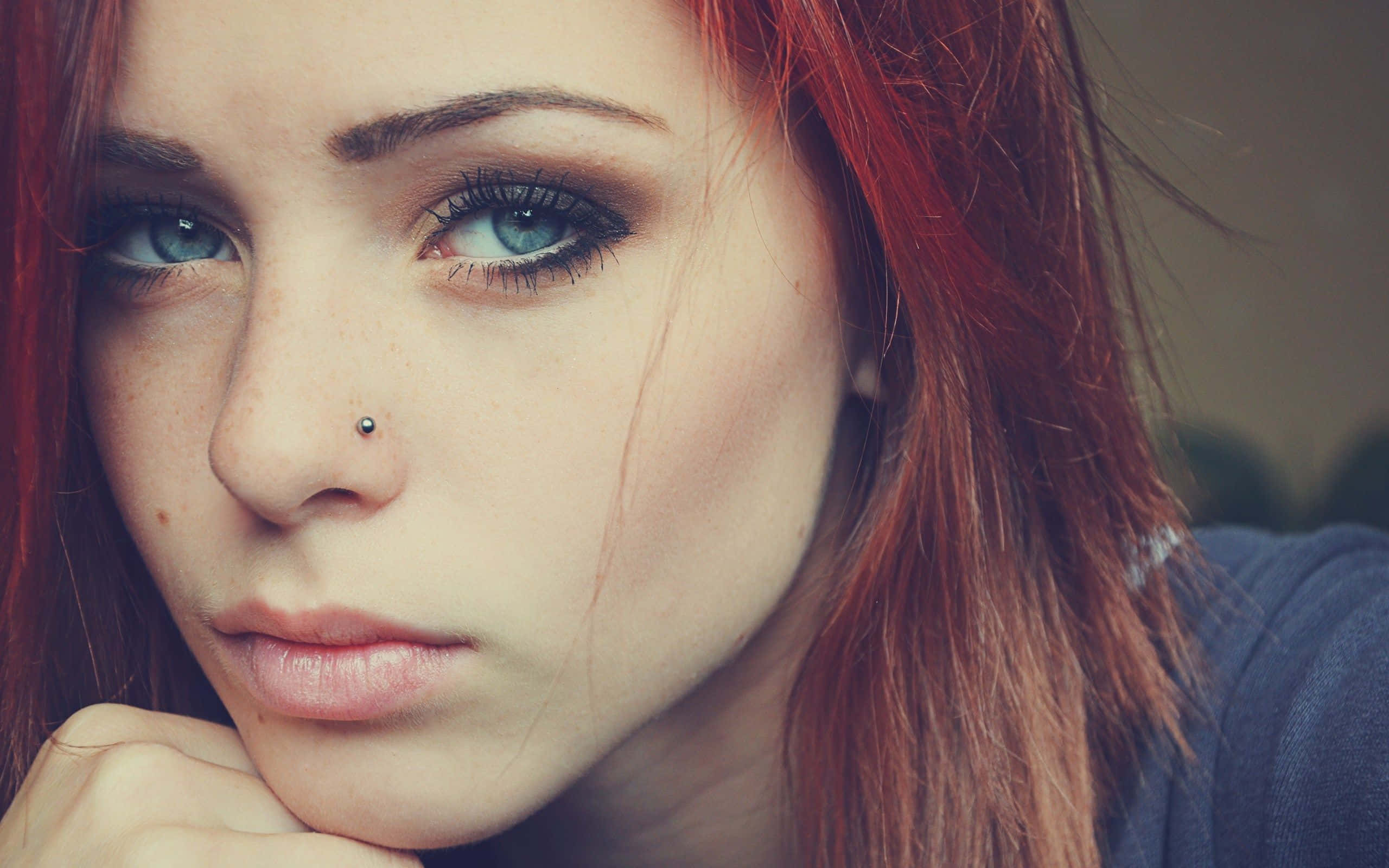 redhead girl, vibrant red hair, piercing blue eyes, 2K Desktop Wallpaper