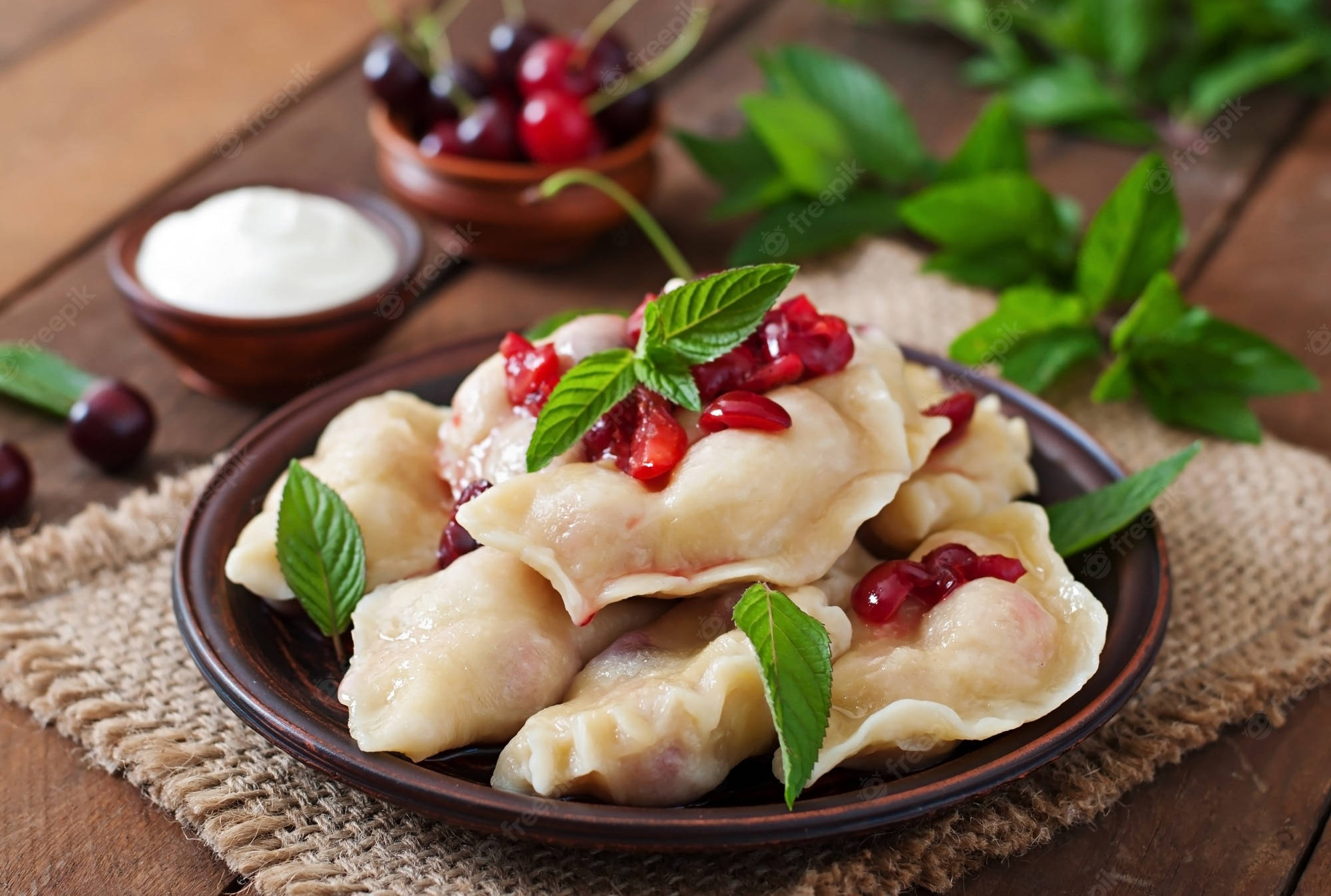 pierogi, red cherries, pomegranate seeds, Full HD Desktop Wallpaper
