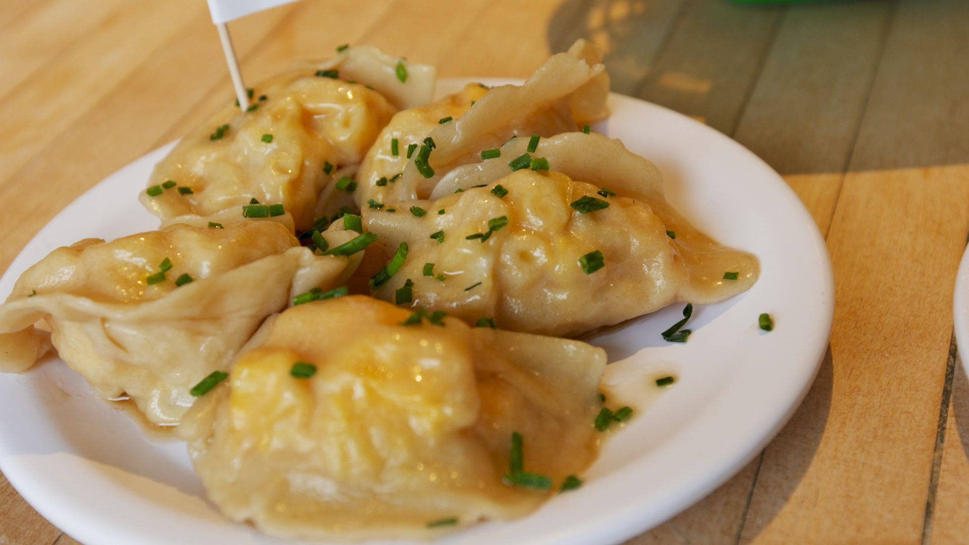 Pierogi, golden dumplings, savory sauce, Full HD Desktop Wallpaper