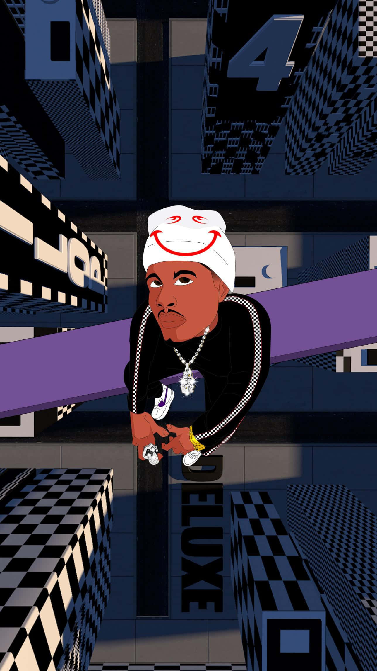 Pierre Bourne, white smiley hat, surreal cityscape, Full HD Phone Wallpaper
