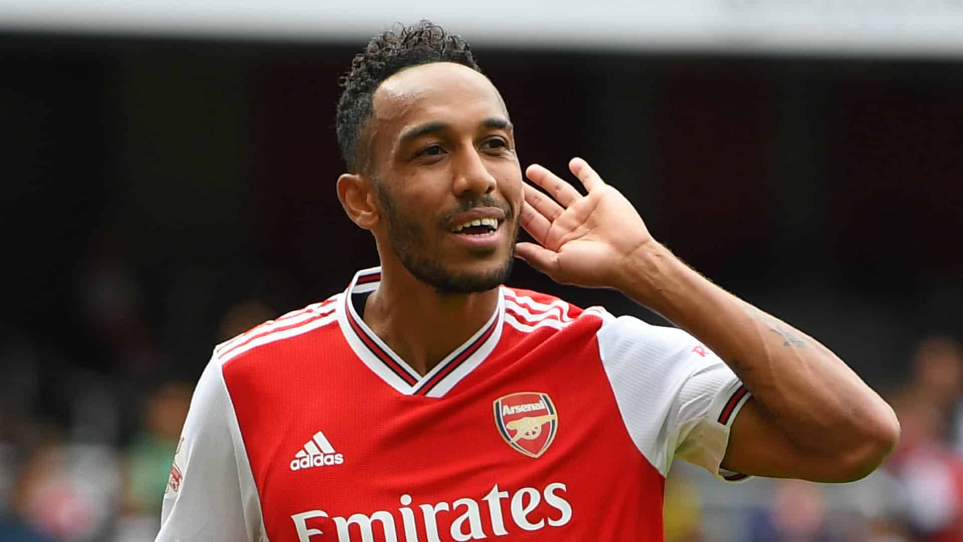 Pierre-Emerick Aubameyang, red Arsenal jersey, footballer, Full HD Desktop Wallpaper