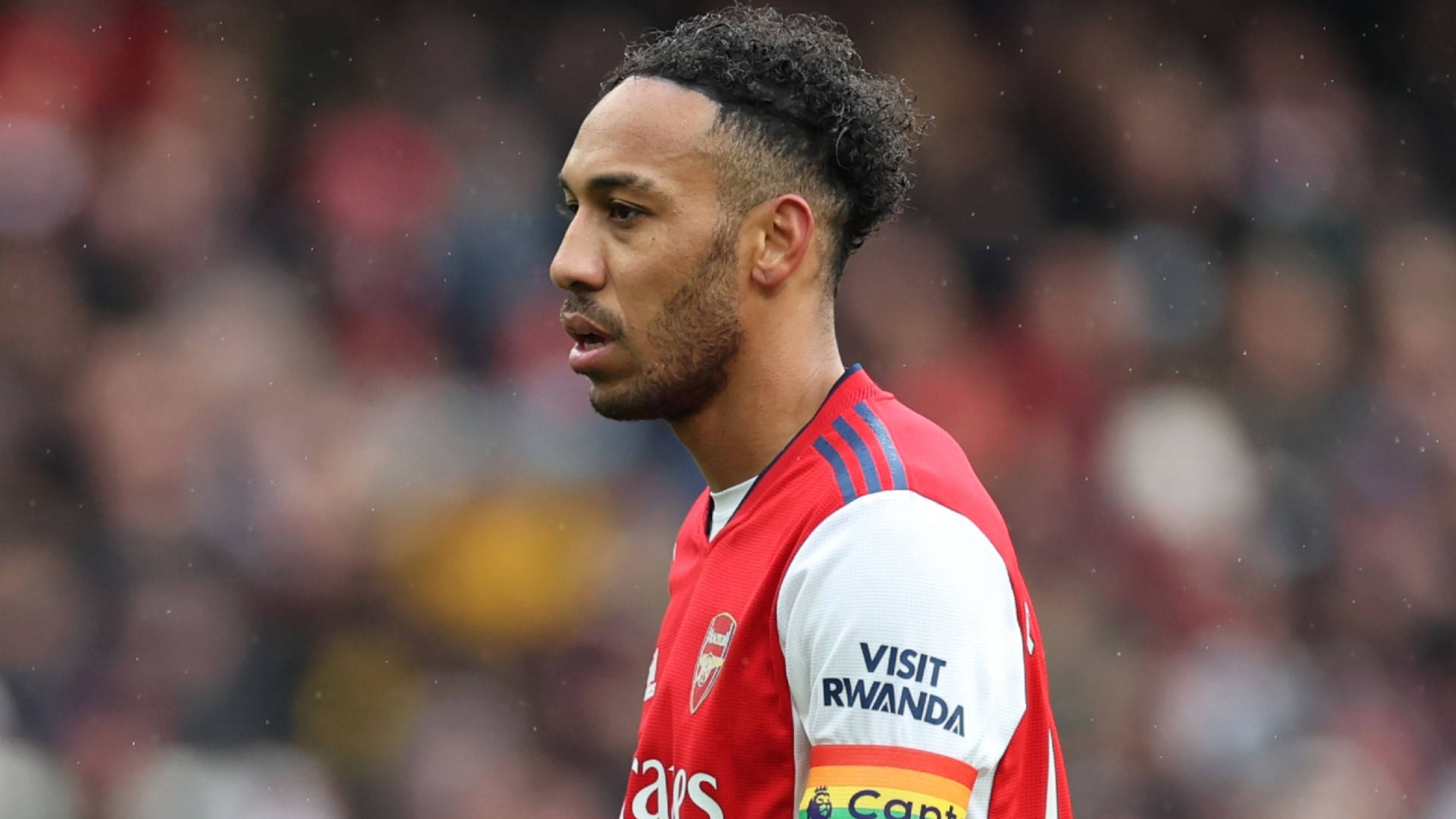 Pierre-Emerick Aubameyang, red Arsenal jersey, rainy pitch, Full HD Desktop Wallpaper