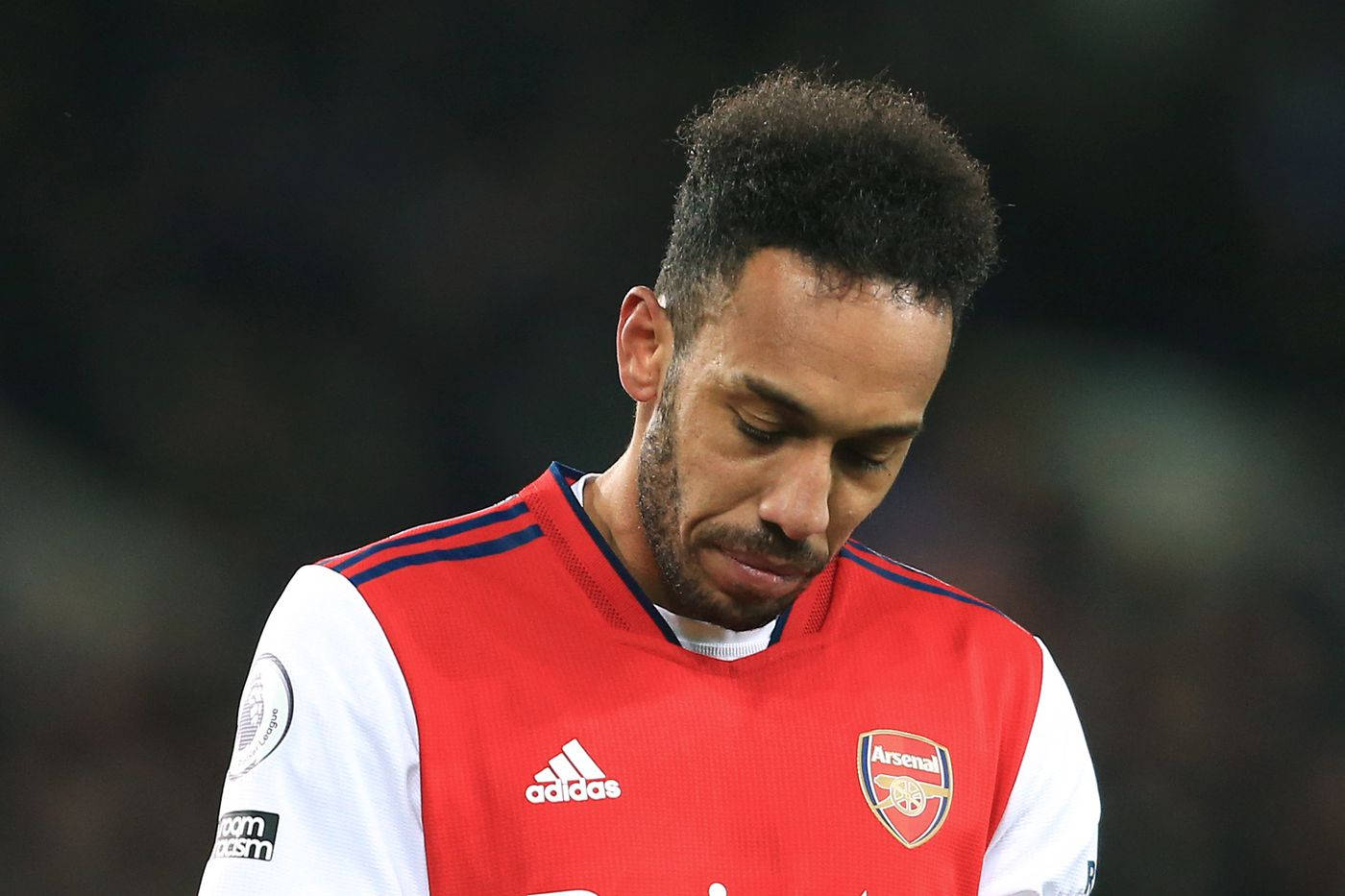 Pierre-Emerick Aubameyang, red Arsenal jersey, stadium lights, HD Desktop Wallpaper