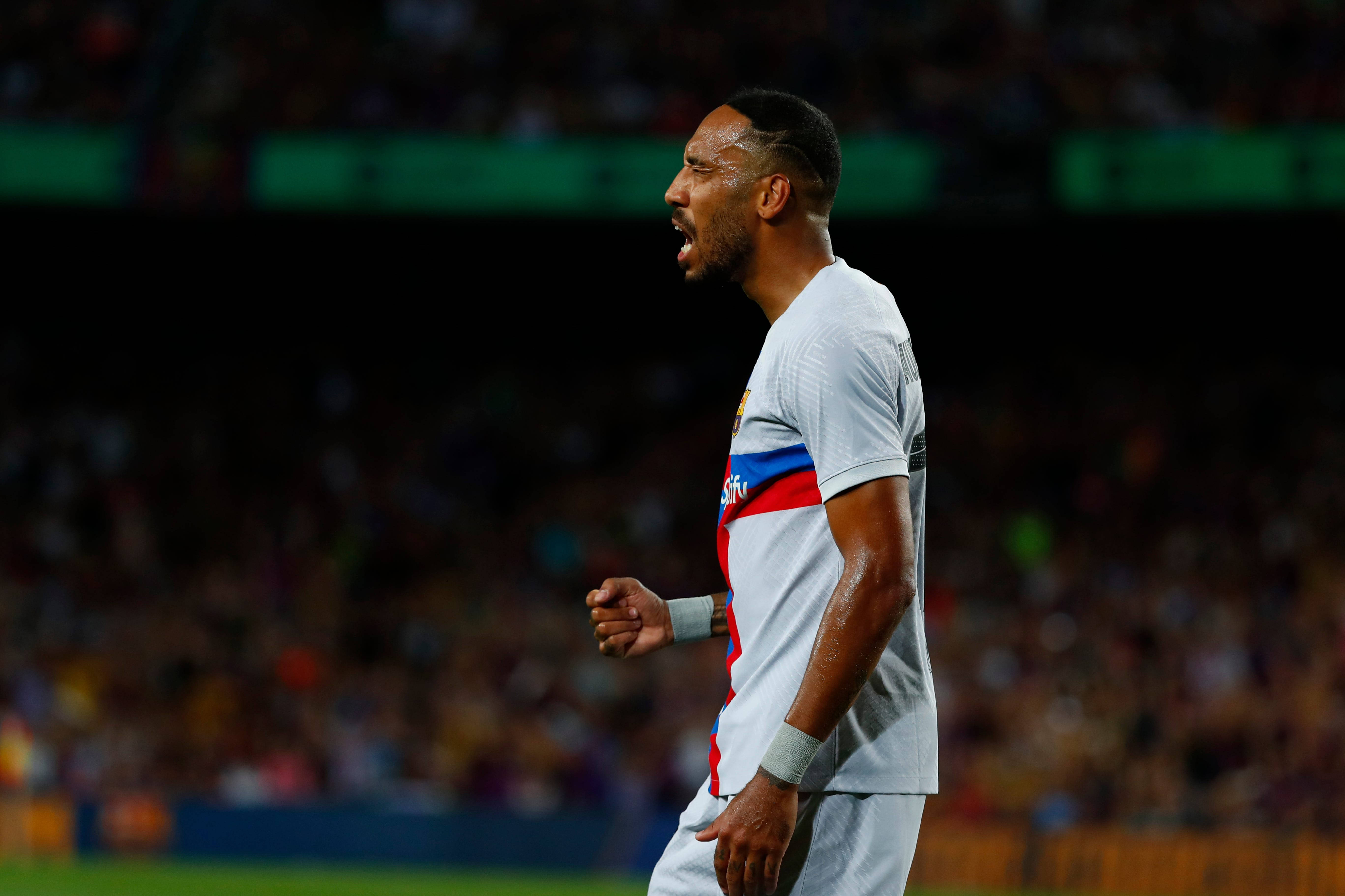 Pierre-Emerick Aubameyang, white jersey, brightly lit stadium field, 5K Desktop Wallpaper