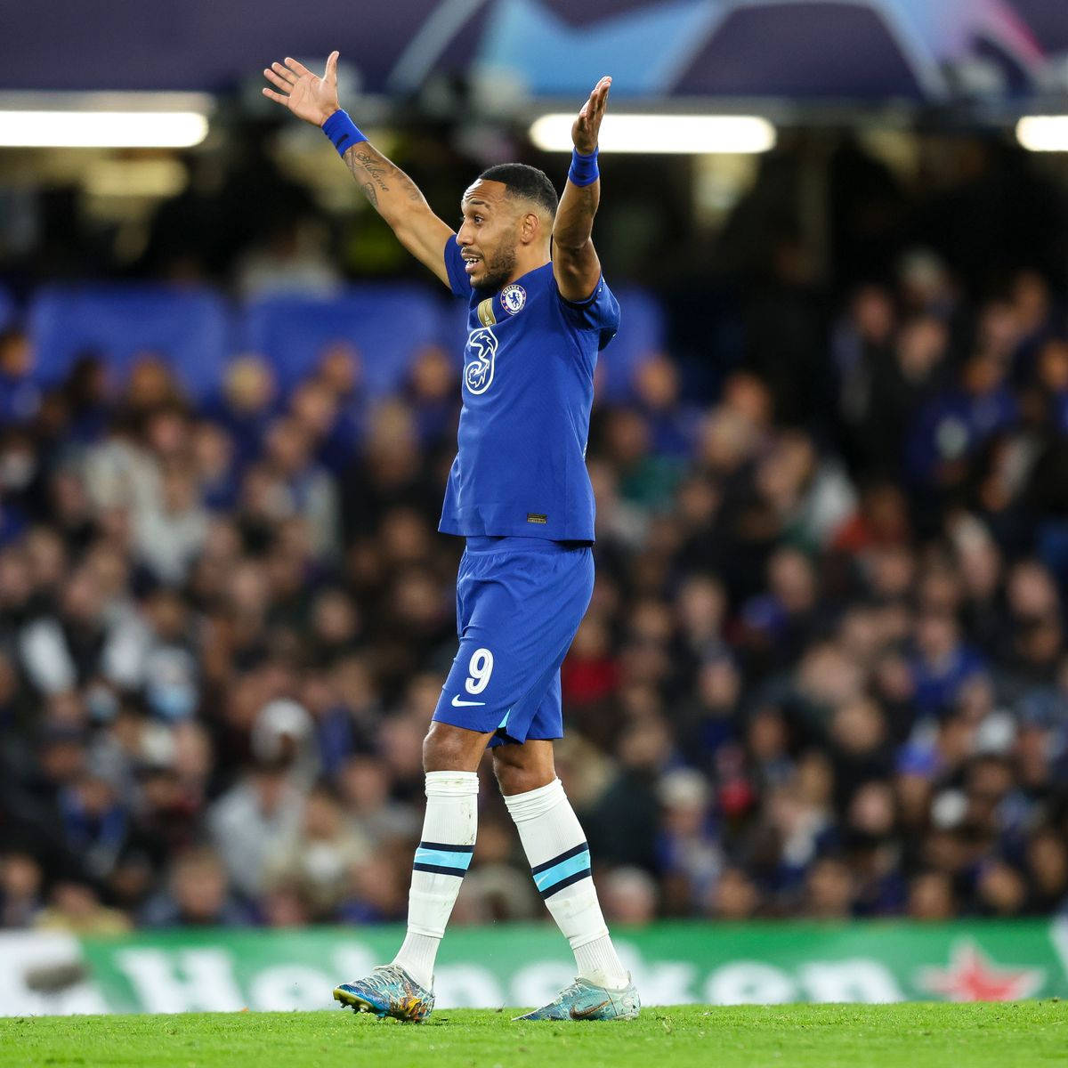 Pierre-Emerick Aubameyang, blue kit, lit stadium pitch, SD Desktop Wallpaper