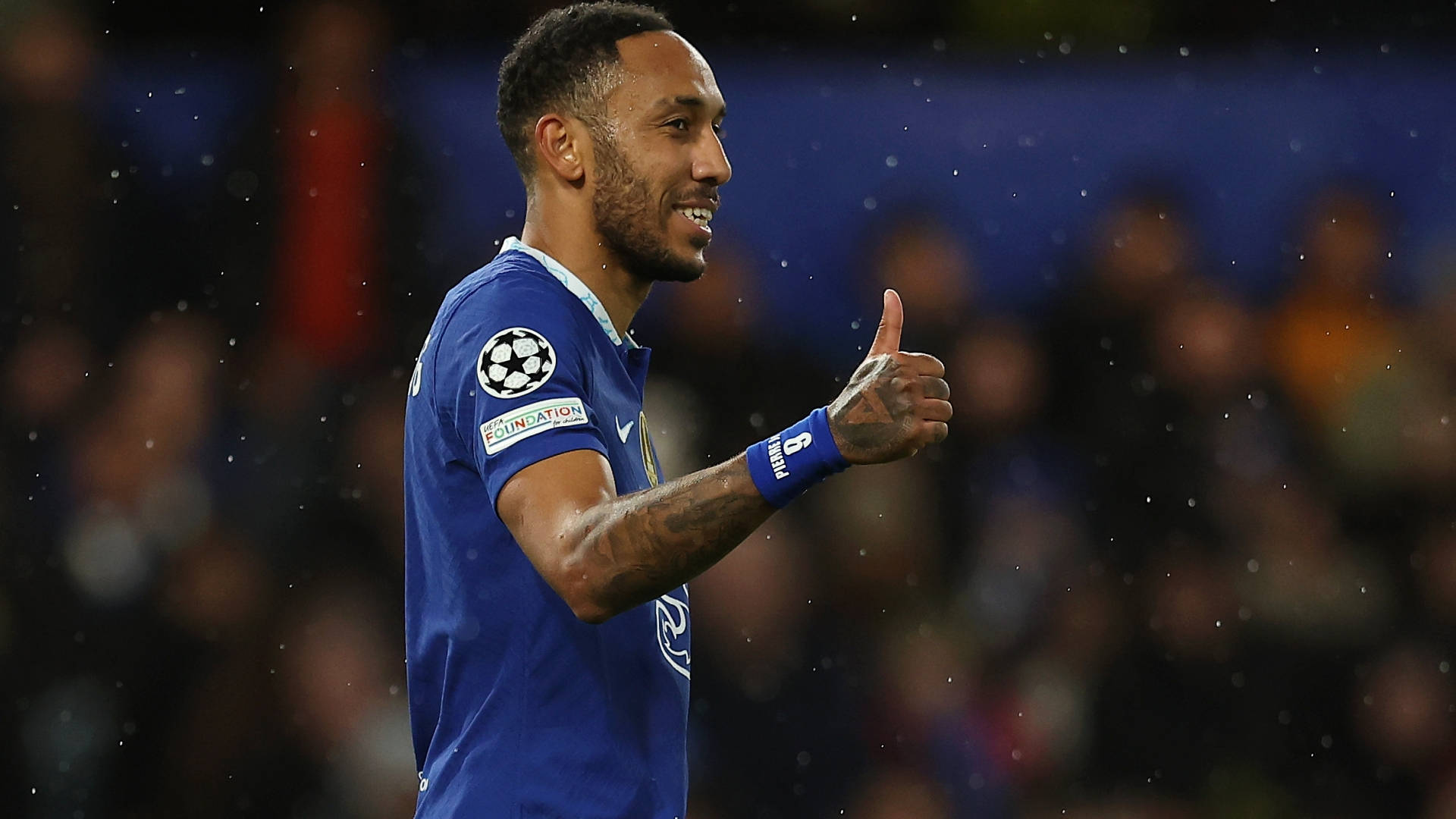 Pierre-Emerick Aubameyang, blue jersey, stadium lights, Full HD Desktop Wallpaper
