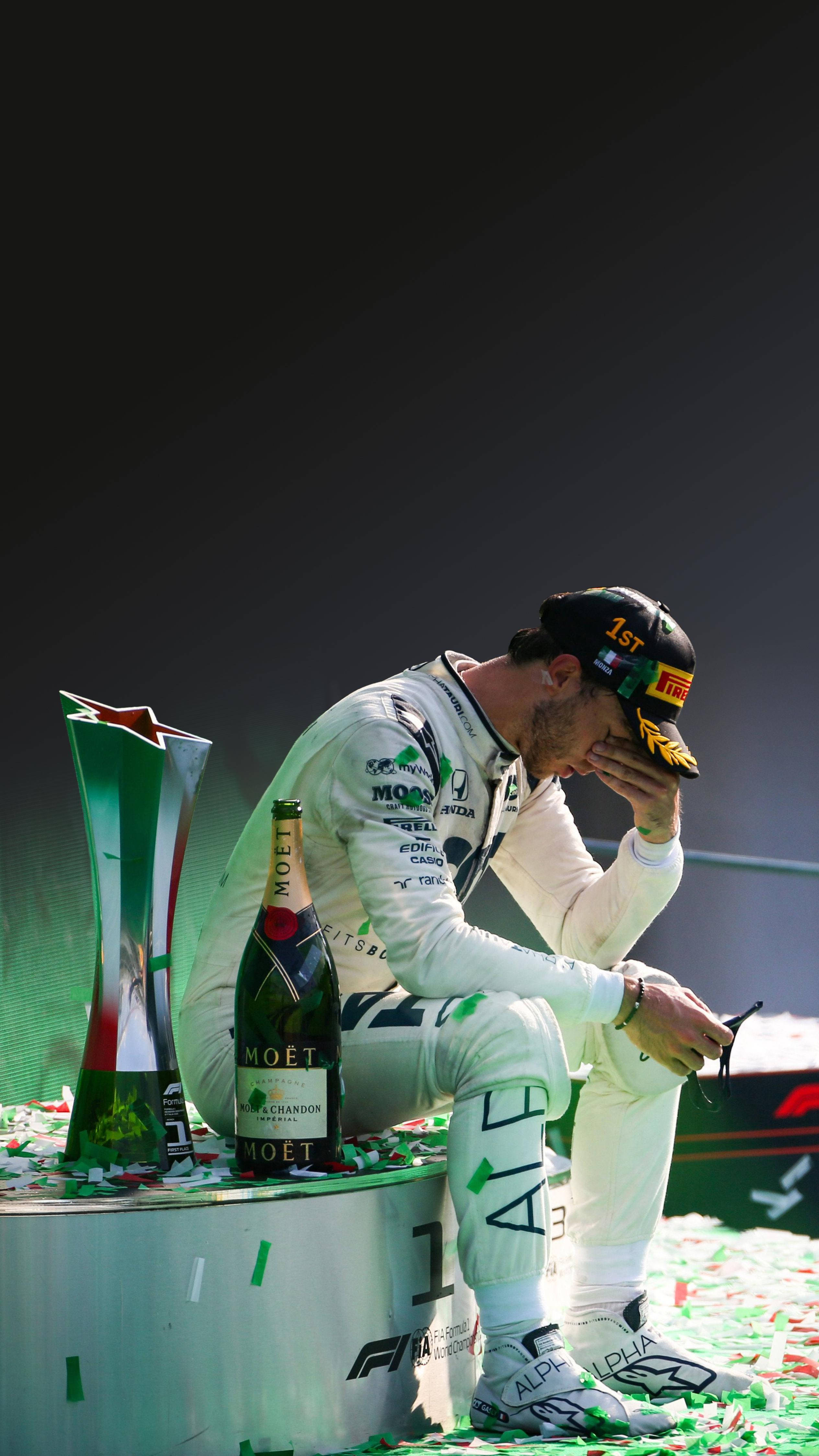 Pierre Gasly, white suit, podium, 4K Phone Wallpaper