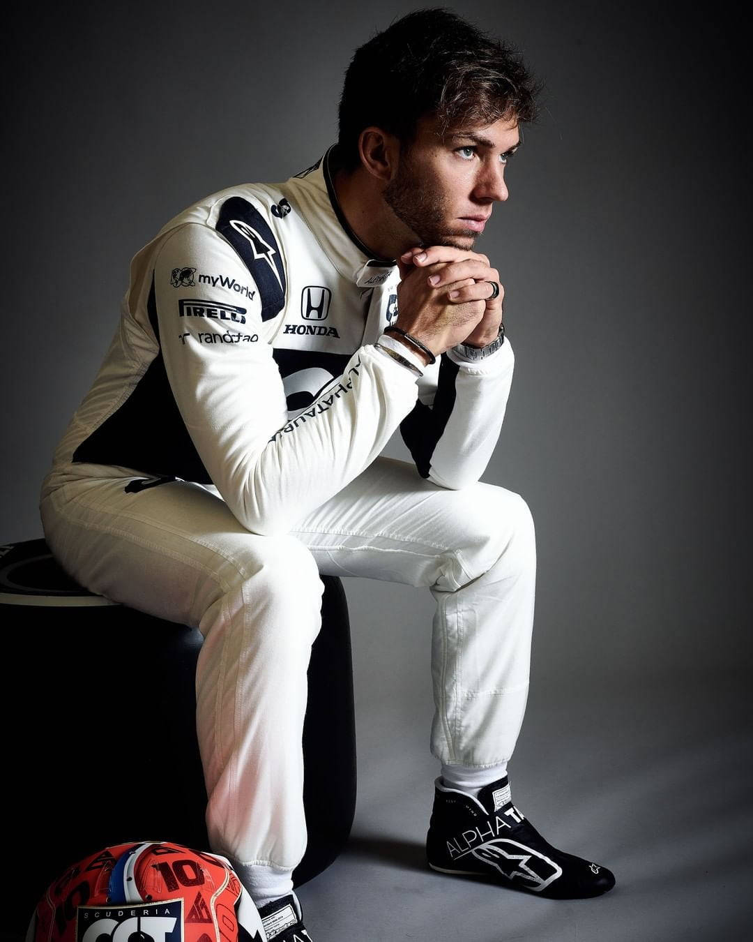 Pierre Gasly, white and black racing gear, tire, HD Phone Wallpaper