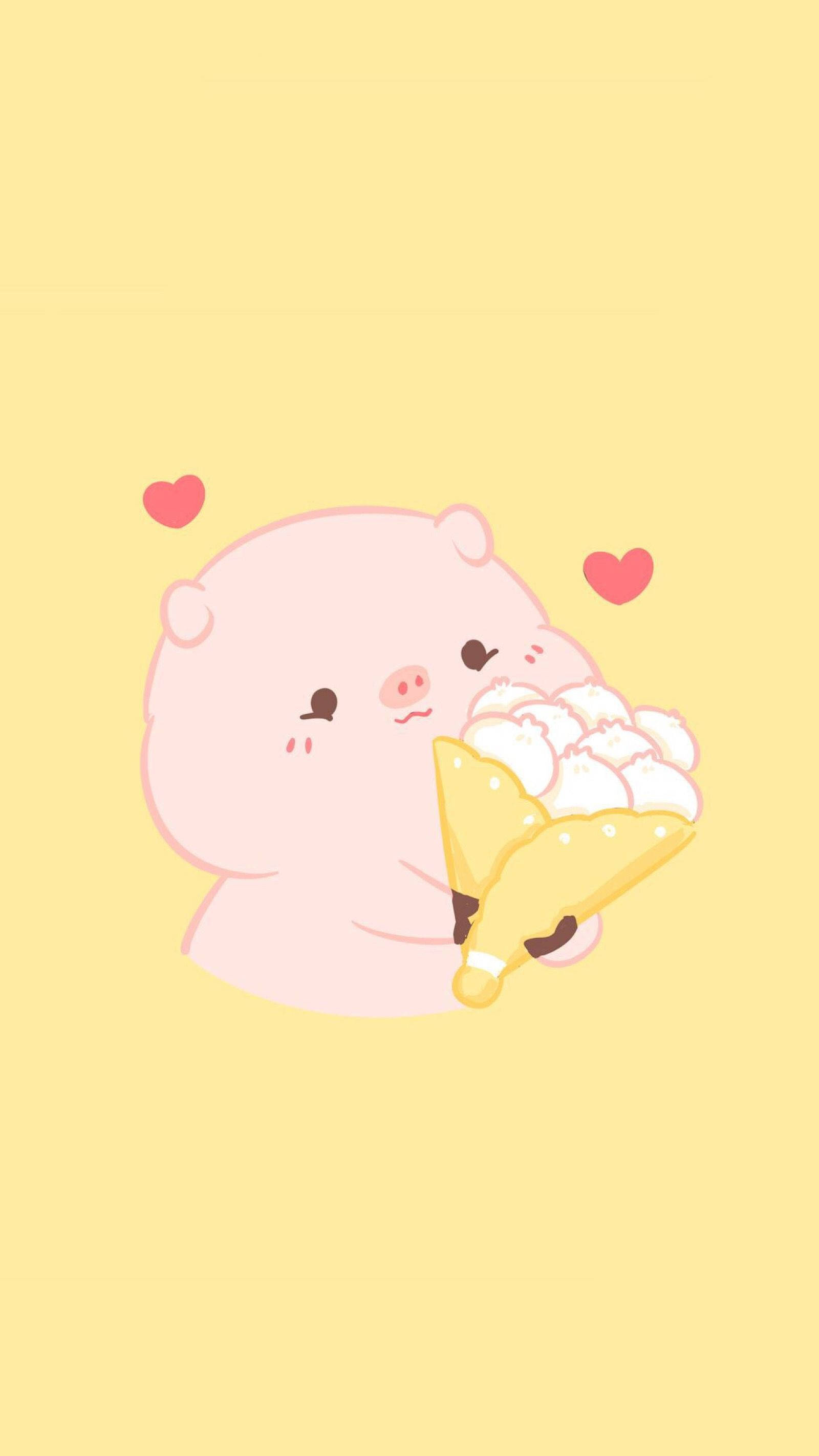kawaii piggy, pink cartoon pig, whipped cream cone, 2K Phone Wallpaper