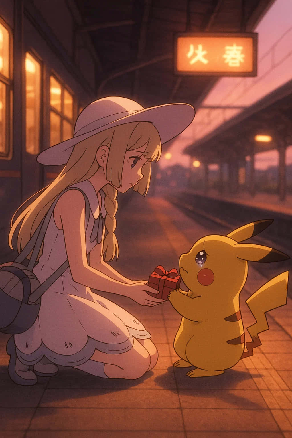 Pikachu, white hat, train platform, HD Phone Wallpaper