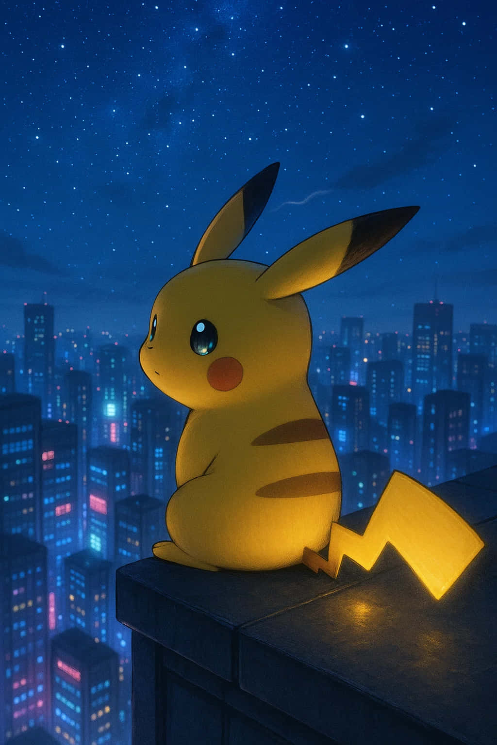Pikachu, rooftop, starry night sky, HD Phone Wallpaper