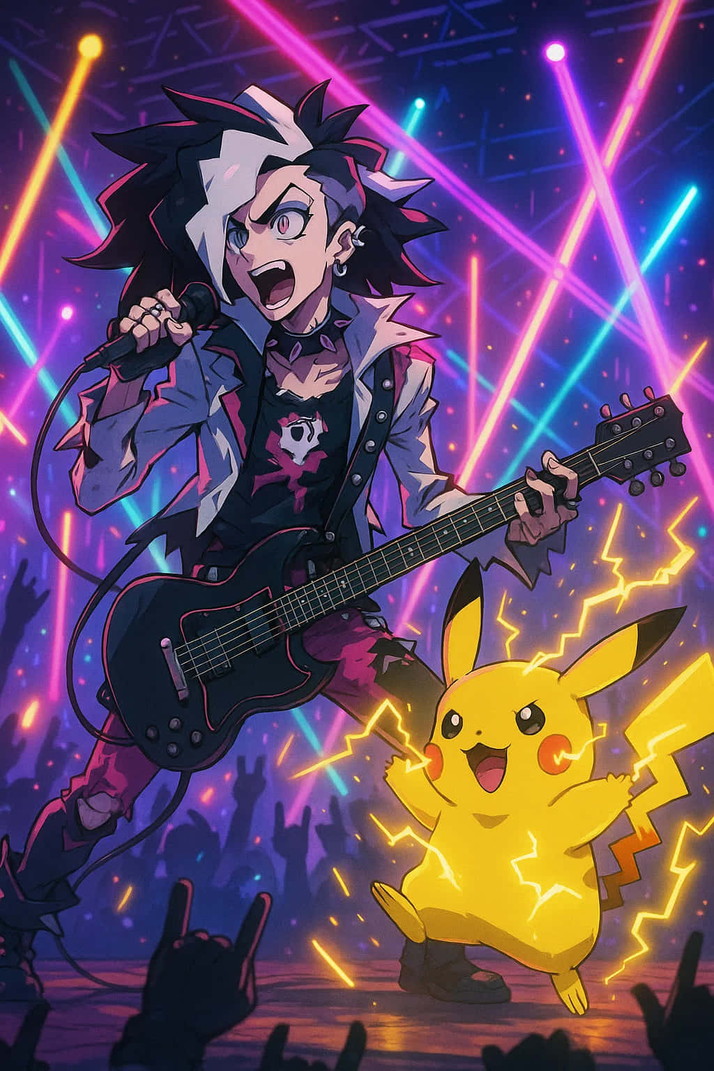 Pikachu, neon stage lights, spiky black and white hair, HD Phone Wallpaper