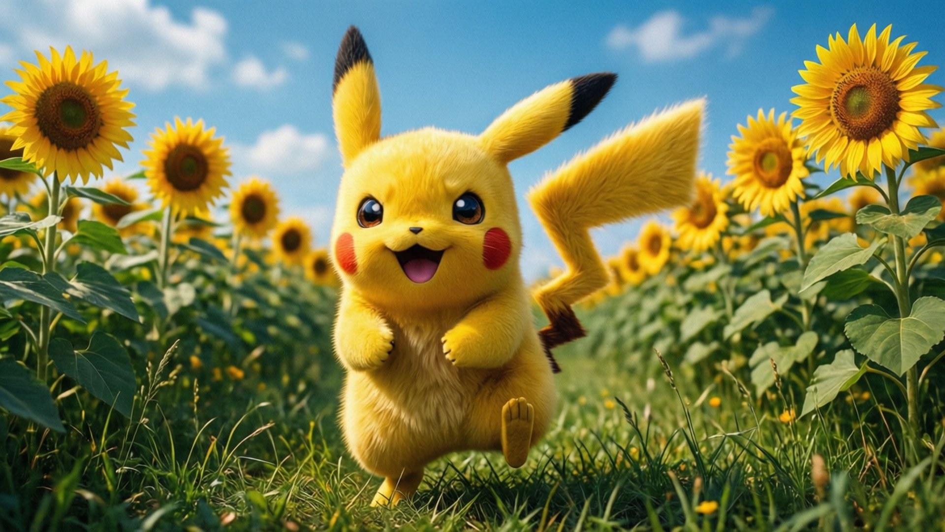 Pikachu, sunflower field, bright blue sky, Full HD Desktop Wallpaper