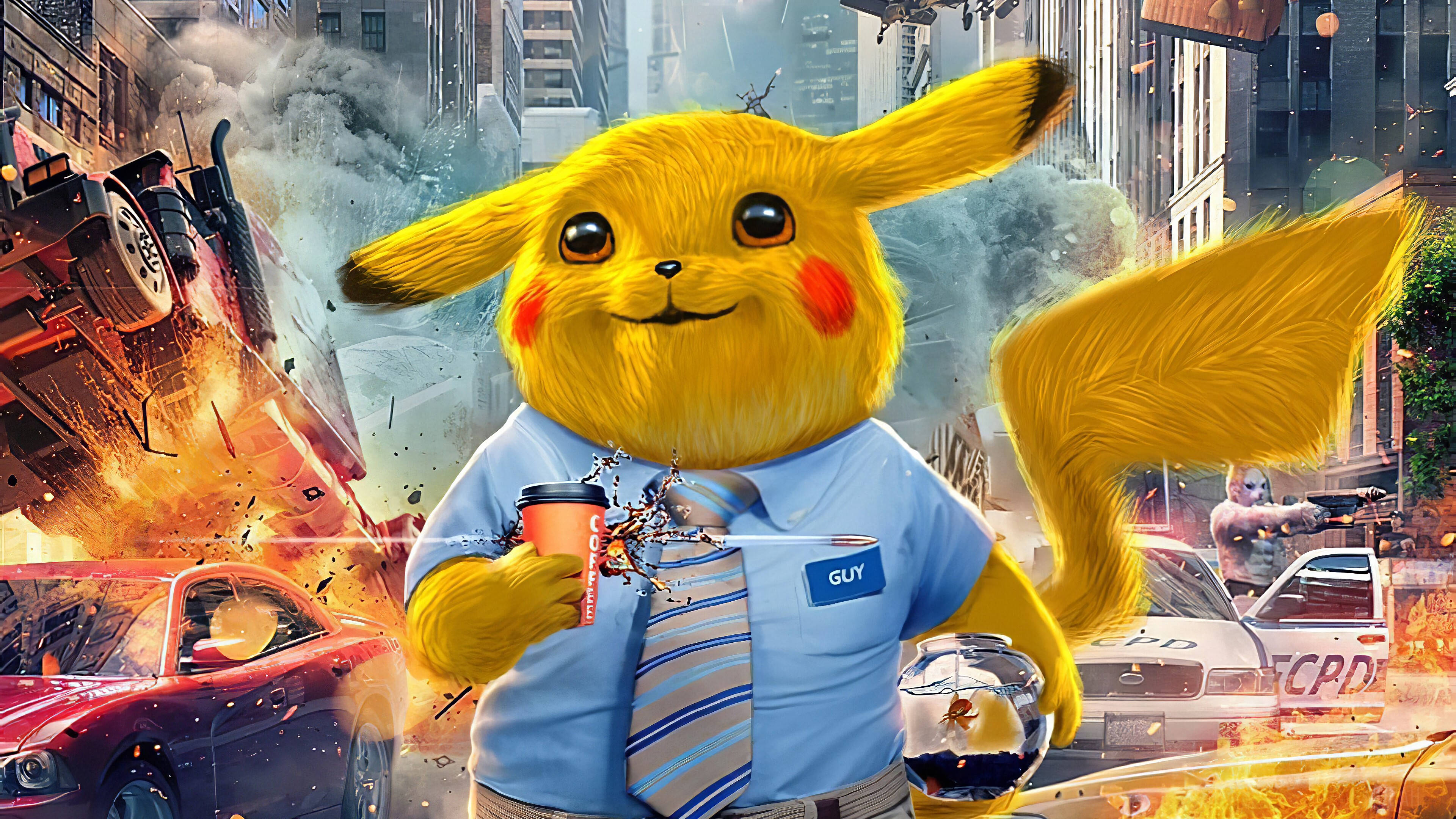 Pikachu, blue shirt and tie, coffee cup, 4K Desktop Wallpaper