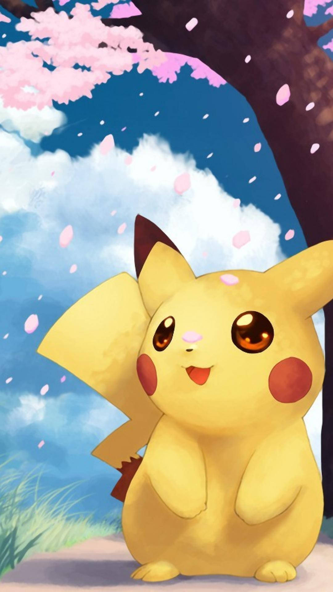 Pikachu, iPhone, cherry blossom tree, Full HD Phone Wallpaper