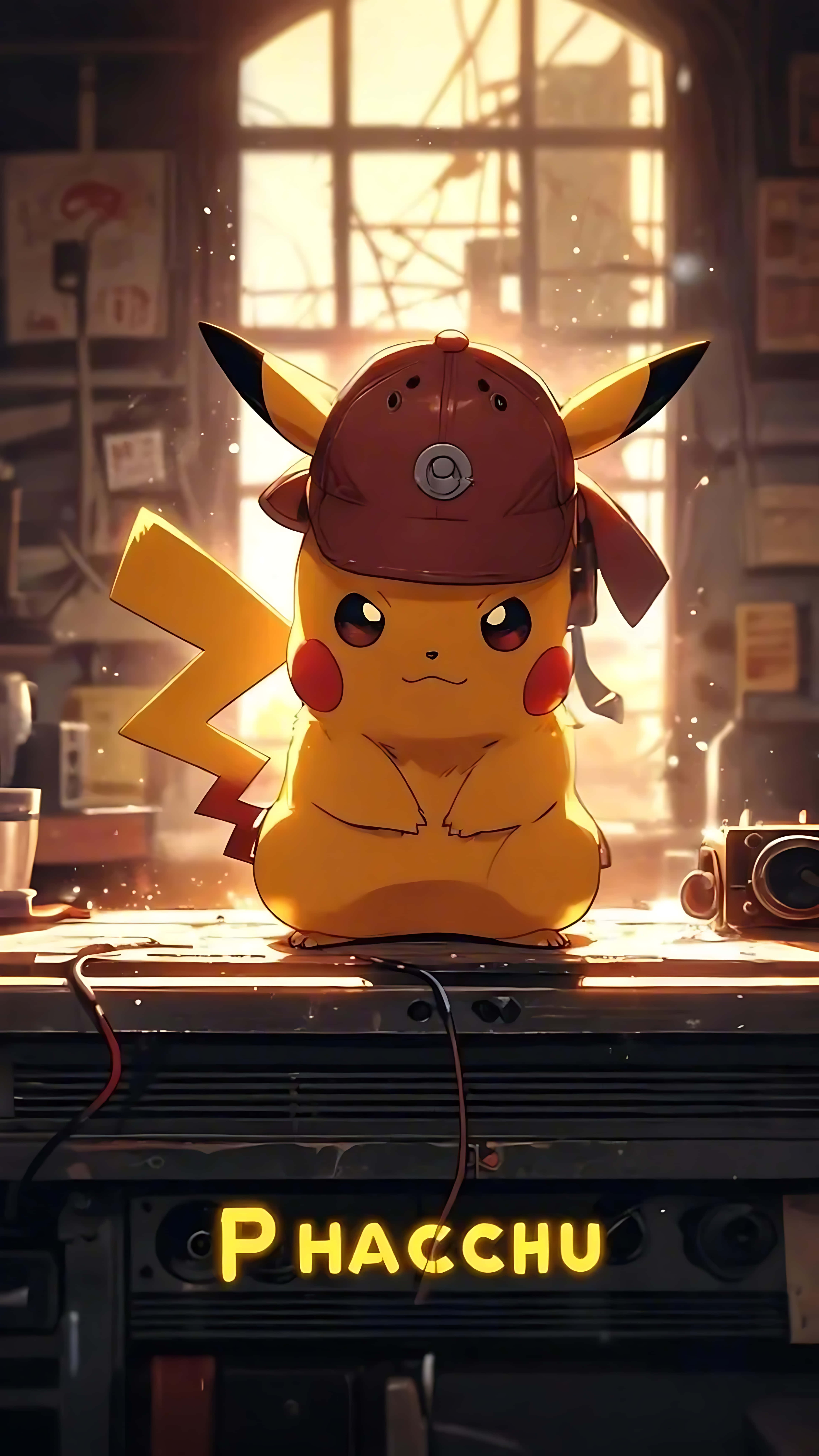 Pikachu, red detective cap, cluttered desk, 8K Phone Wallpaper