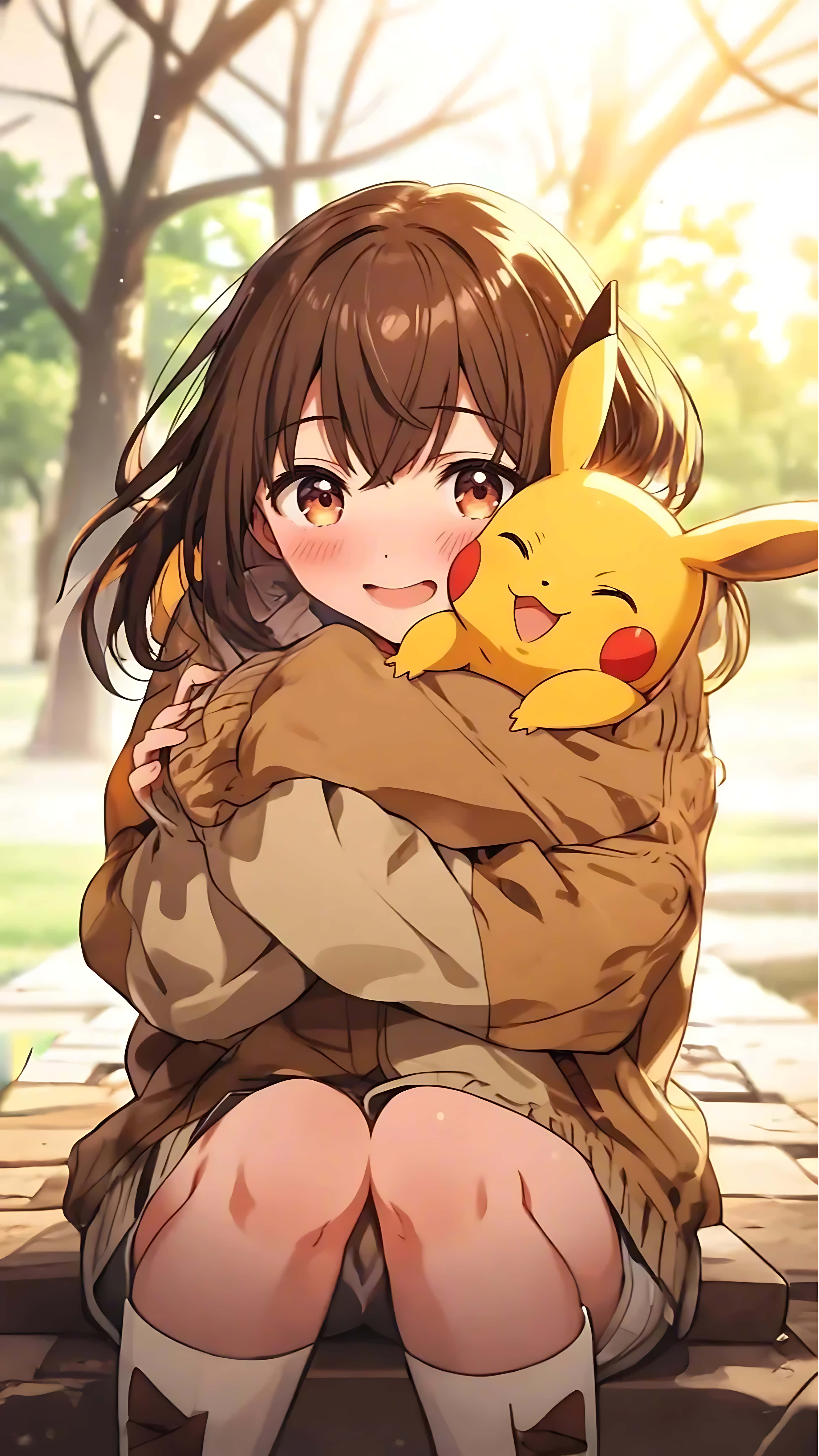 Pikachu, anime girl, brown hair, 8K Phone Wallpaper