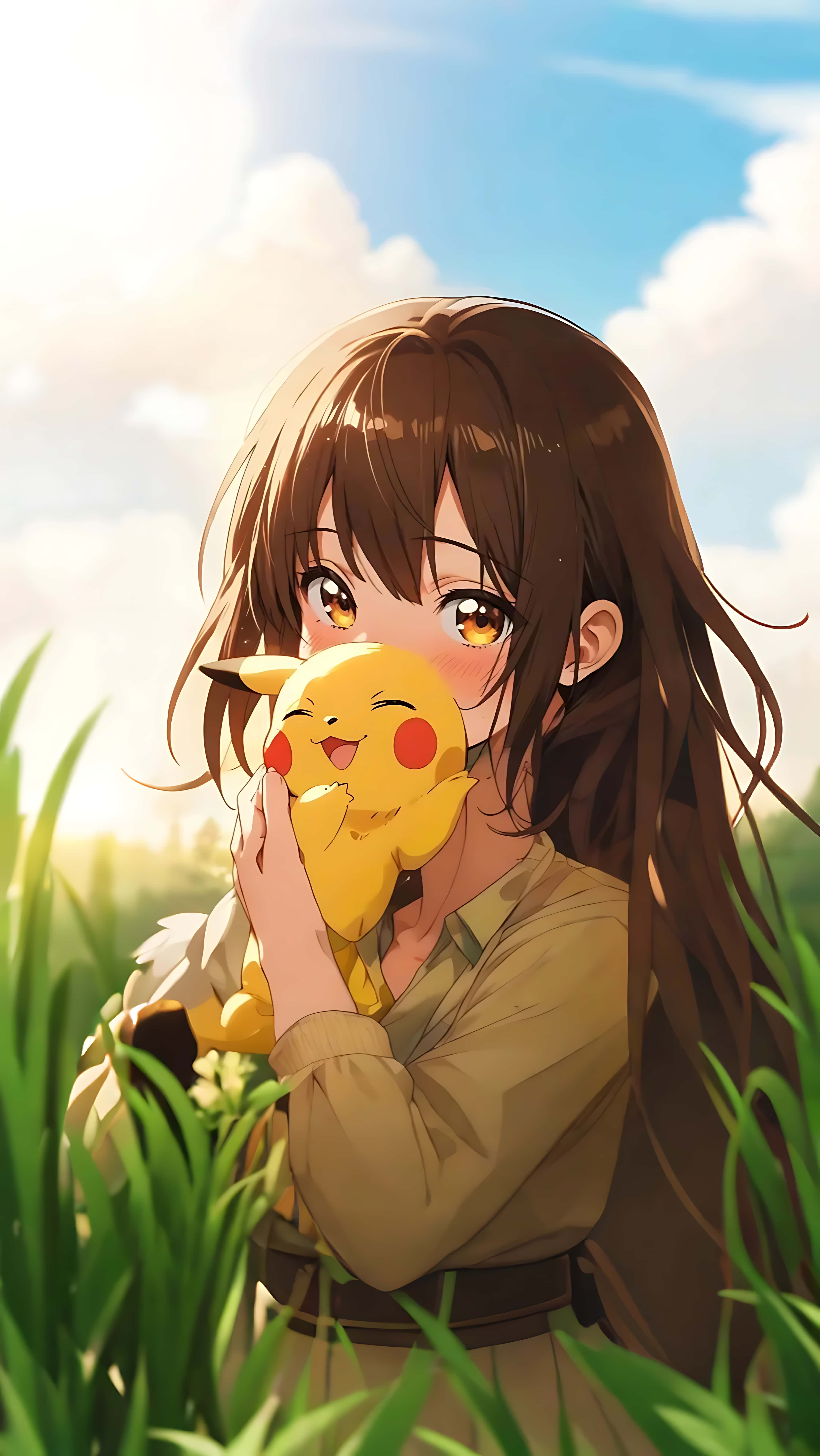 Pikachu, young anime girl, brown hair, 5K Phone Wallpaper