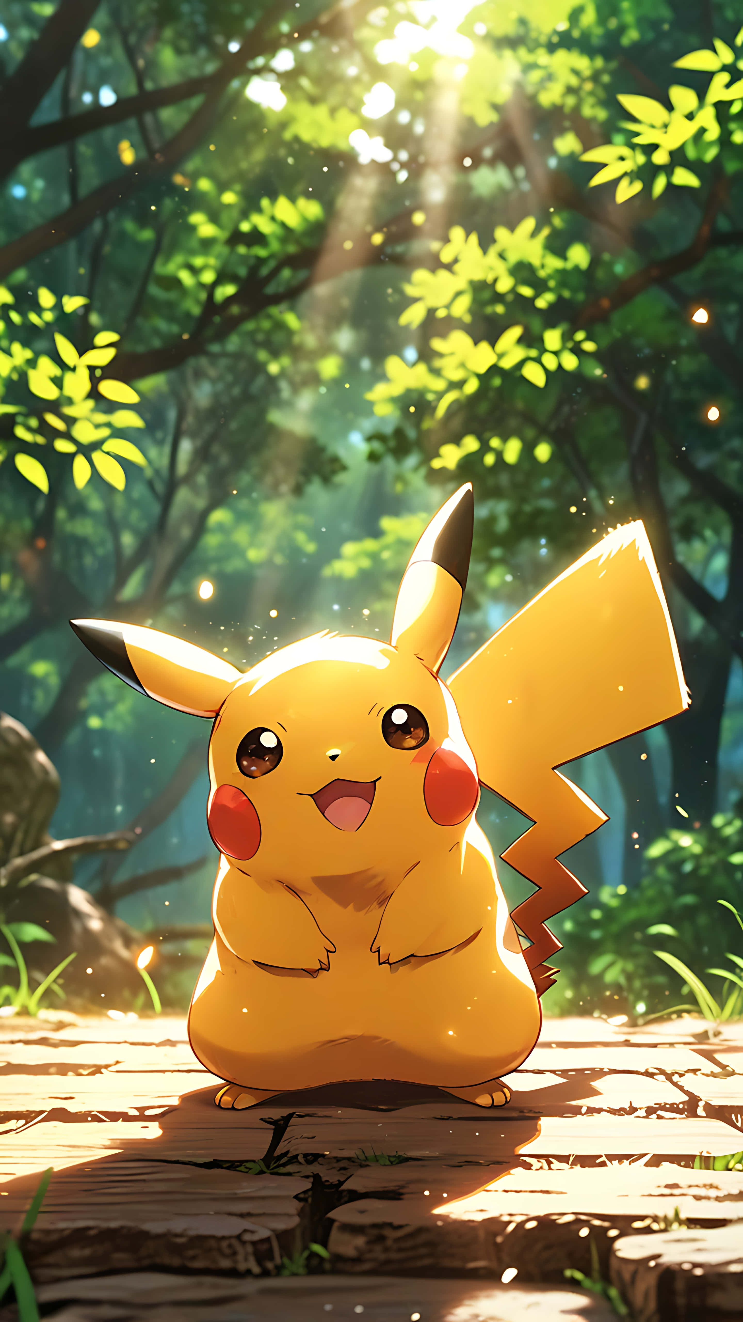 Pikachu, sunlit forest path, golden light, 5K Phone Wallpaper