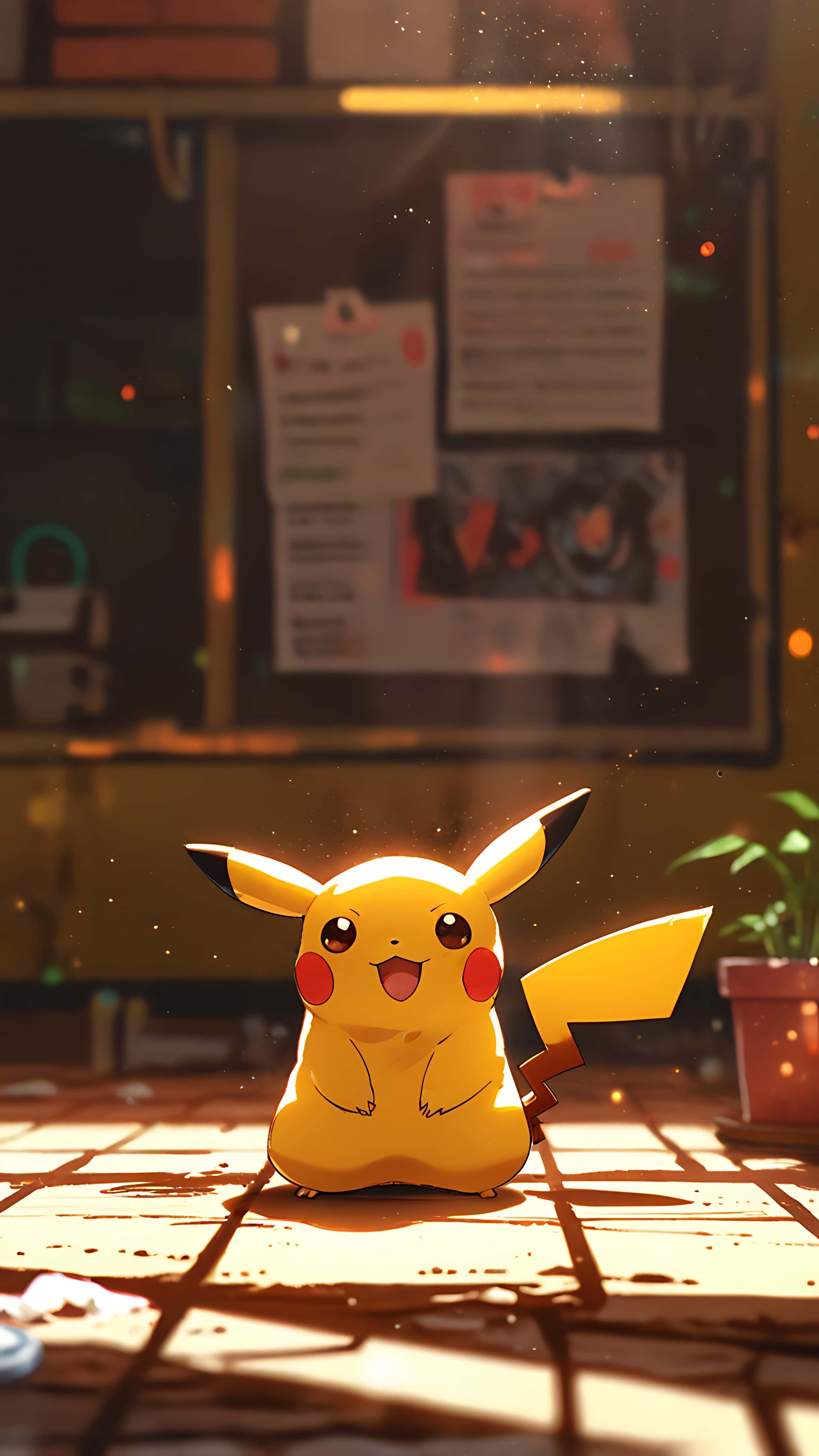 Pikachu, yellow, sunlit tiled floor, 5K Phone Wallpaper
