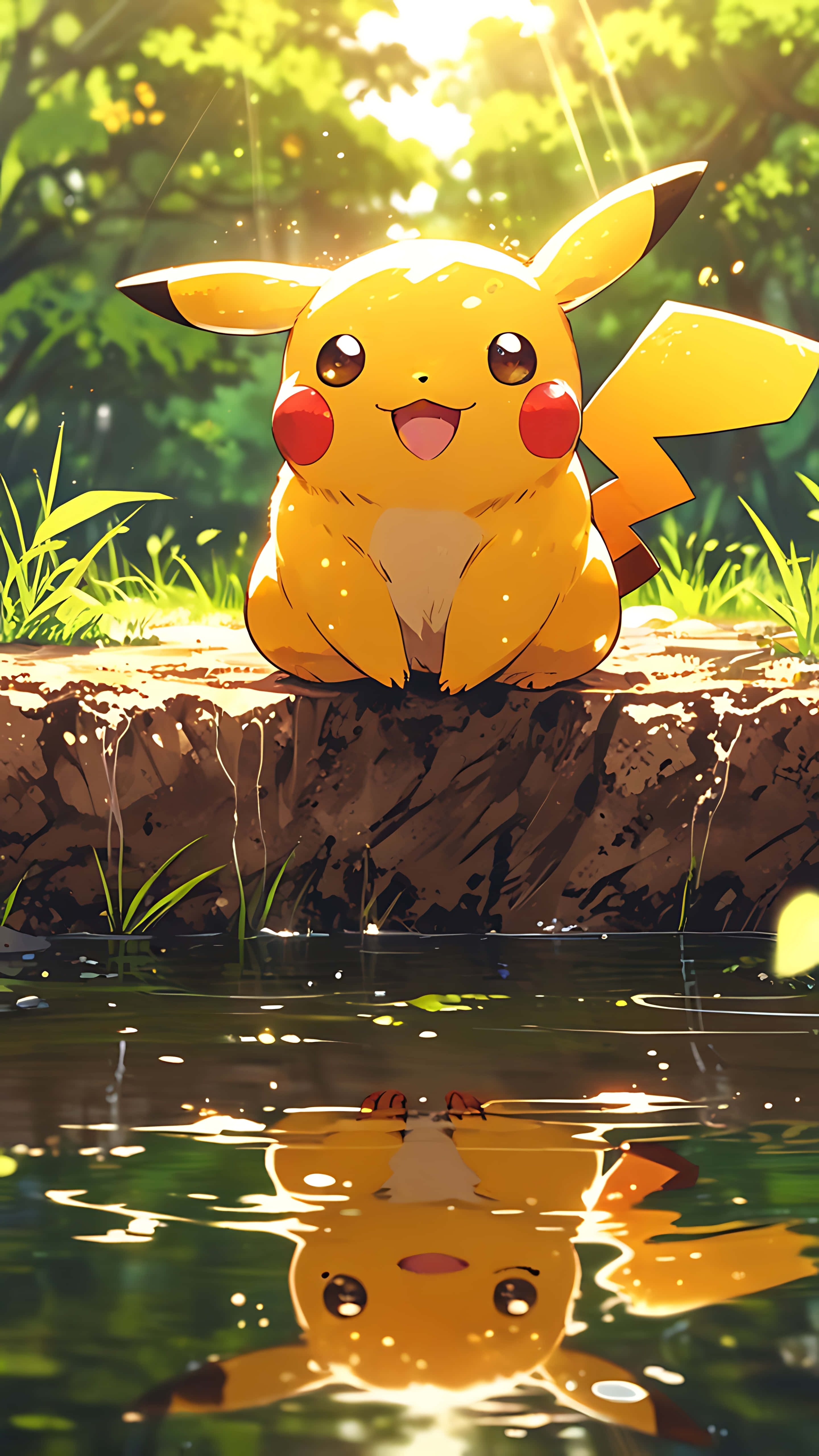 Pikachu, sunlit pond, mossy rock, 5K Phone Wallpaper
