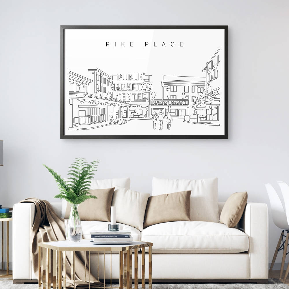 Pike Place Market, line-art print, white sofa, SD Desktop Wallpaper