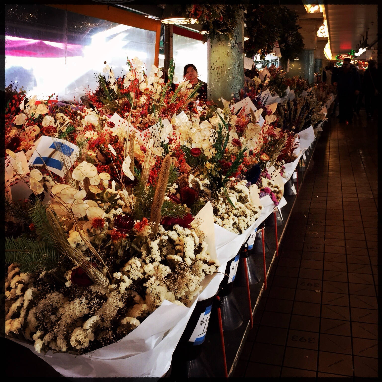 Pike Place Market, vibrant floral arrangements, Greek flags, HD Desktop Wallpaper
