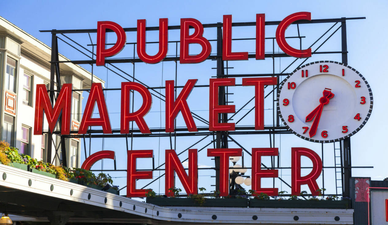 Pike Place Market, retro sign, red letters, SD Desktop Wallpaper