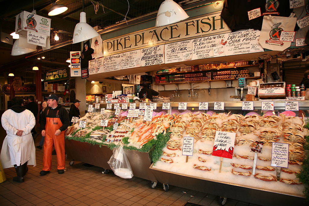Pike Place Market, fish stall, fresh seafood, SD Desktop Wallpaper