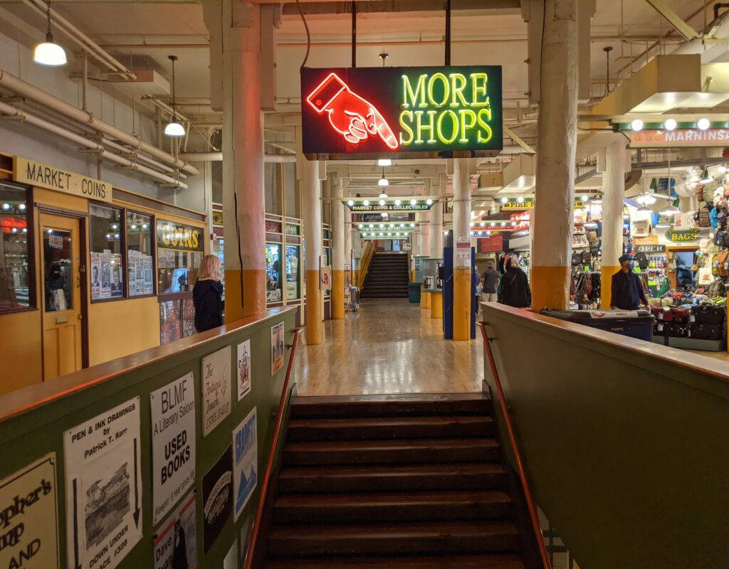 Pike Place Market, neon sign, wooden stairs, SD Desktop Wallpaper