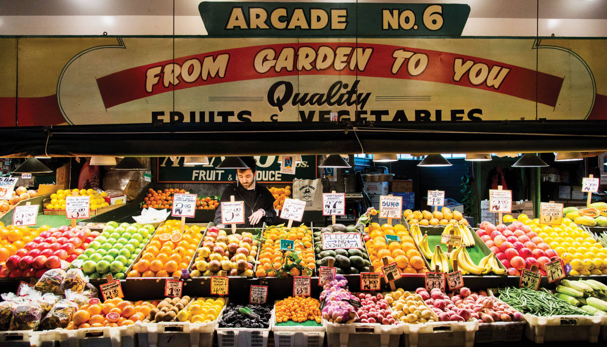 Pike Place Market, vintage arcade sign, colorful fruits and vegetables, SD Desktop Wallpaper