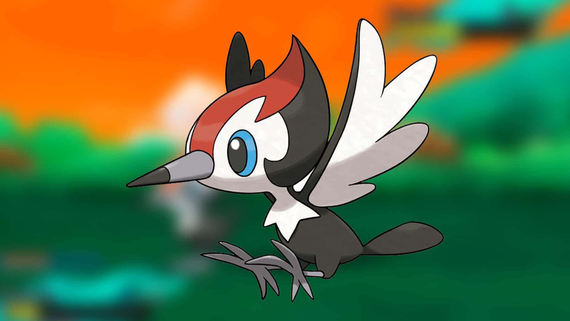Pikipek, red black and white plumage, vibrant orange and green blurred background, Full HD Desktop Wallpaper