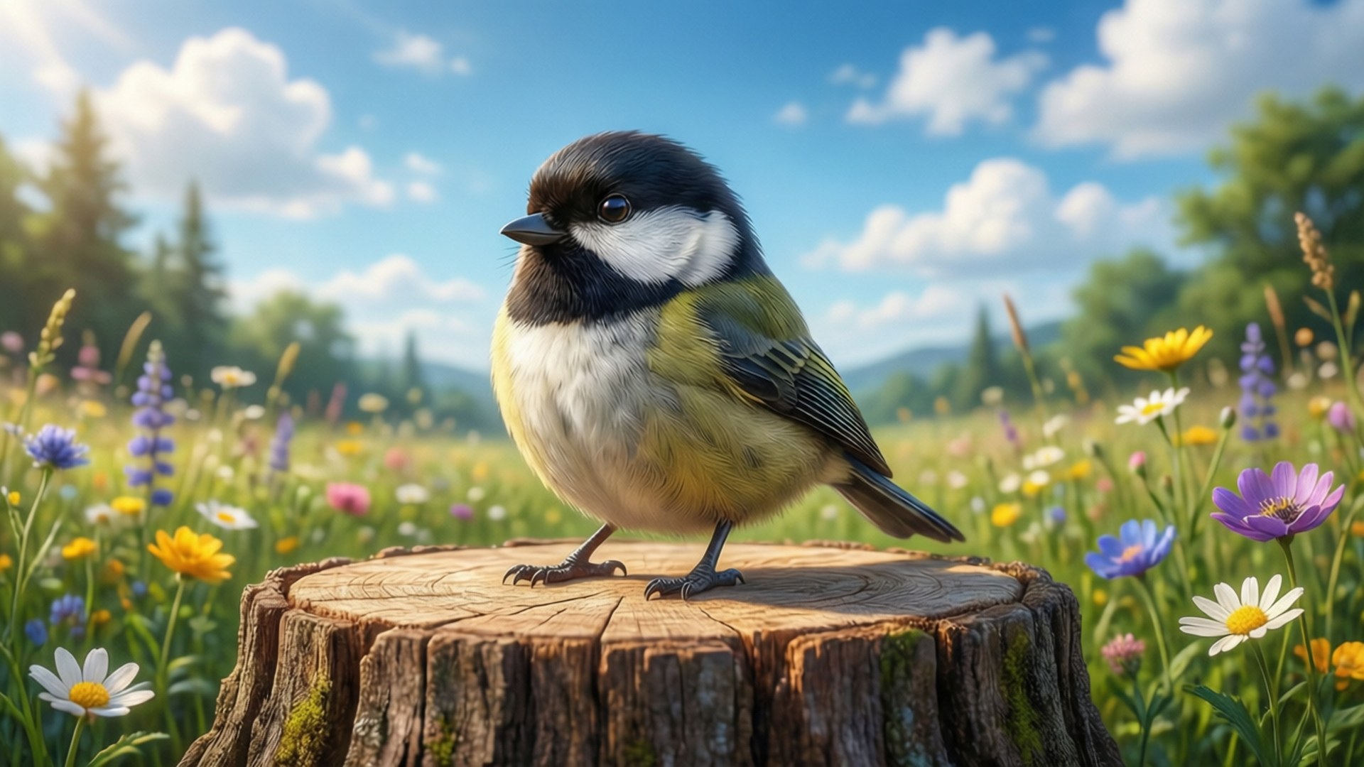 Pikipek, sunny meadow, wildflowers, Full HD Desktop Wallpaper