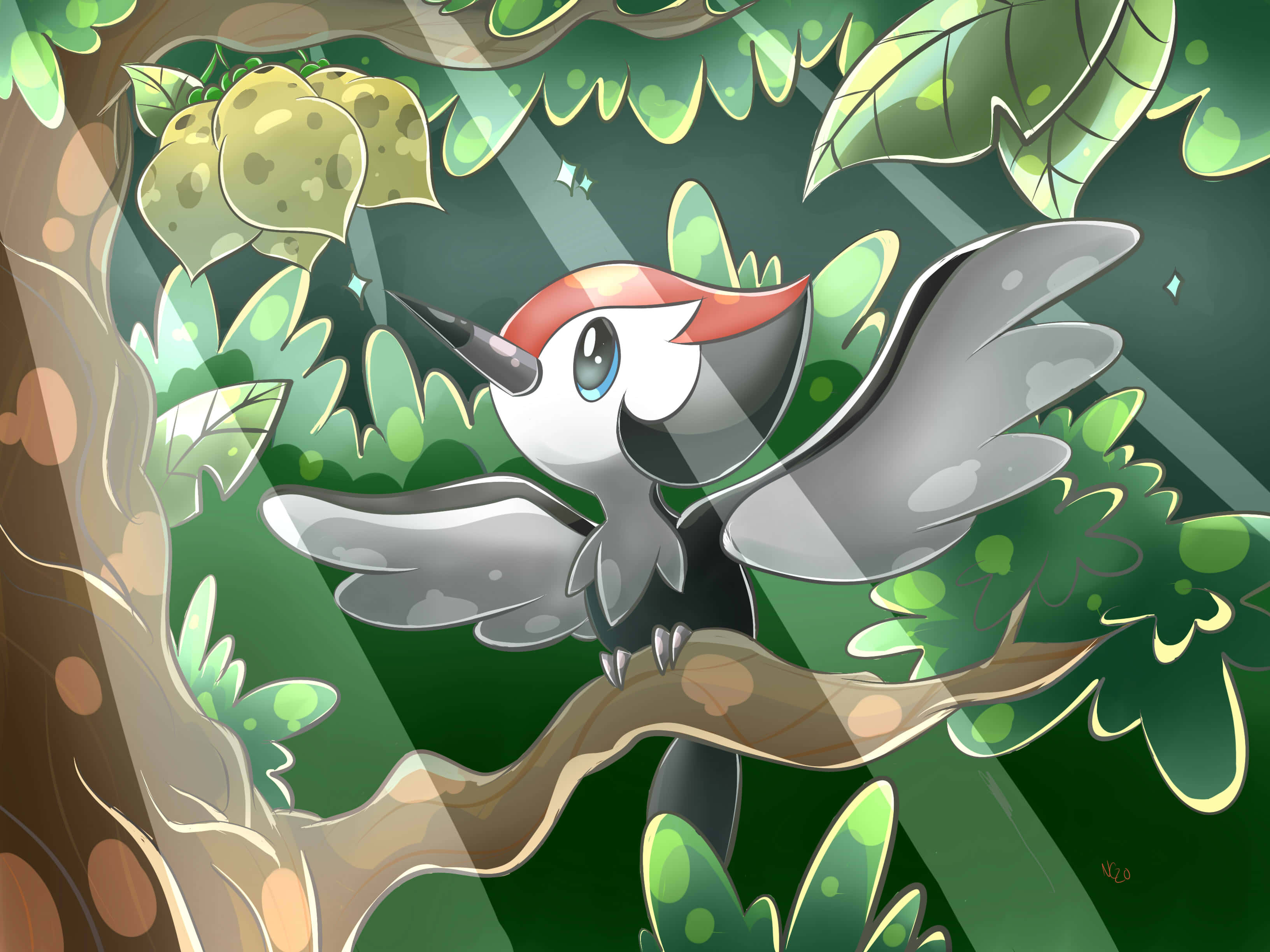 Pikipek, red crest, blue eyes, 2K Desktop Wallpaper
