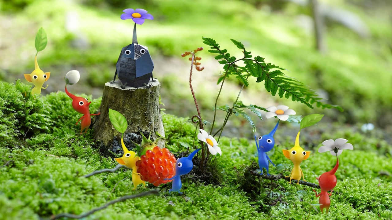 Pikmin, mossy stump, vibrant green forest clearing, HD Desktop Wallpaper
