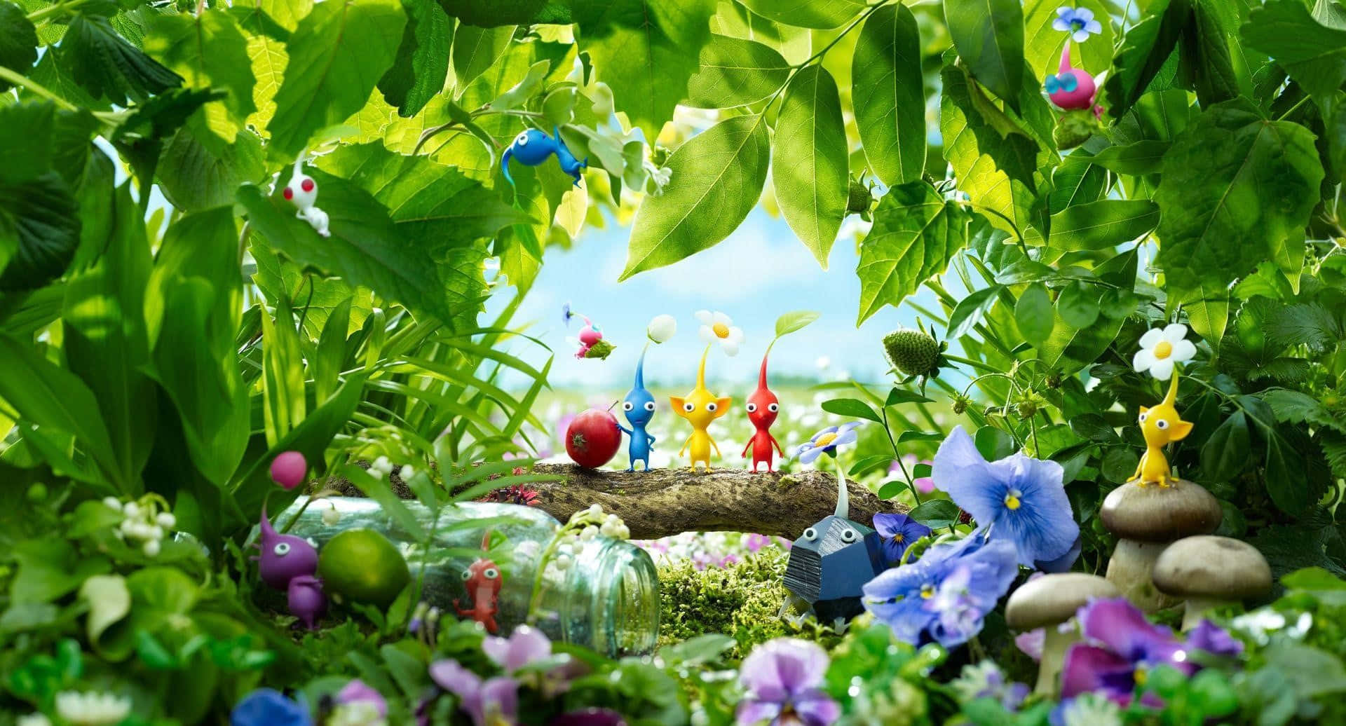 Pikmin, mossy log, vibrant green leaves, Full HD Desktop Wallpaper