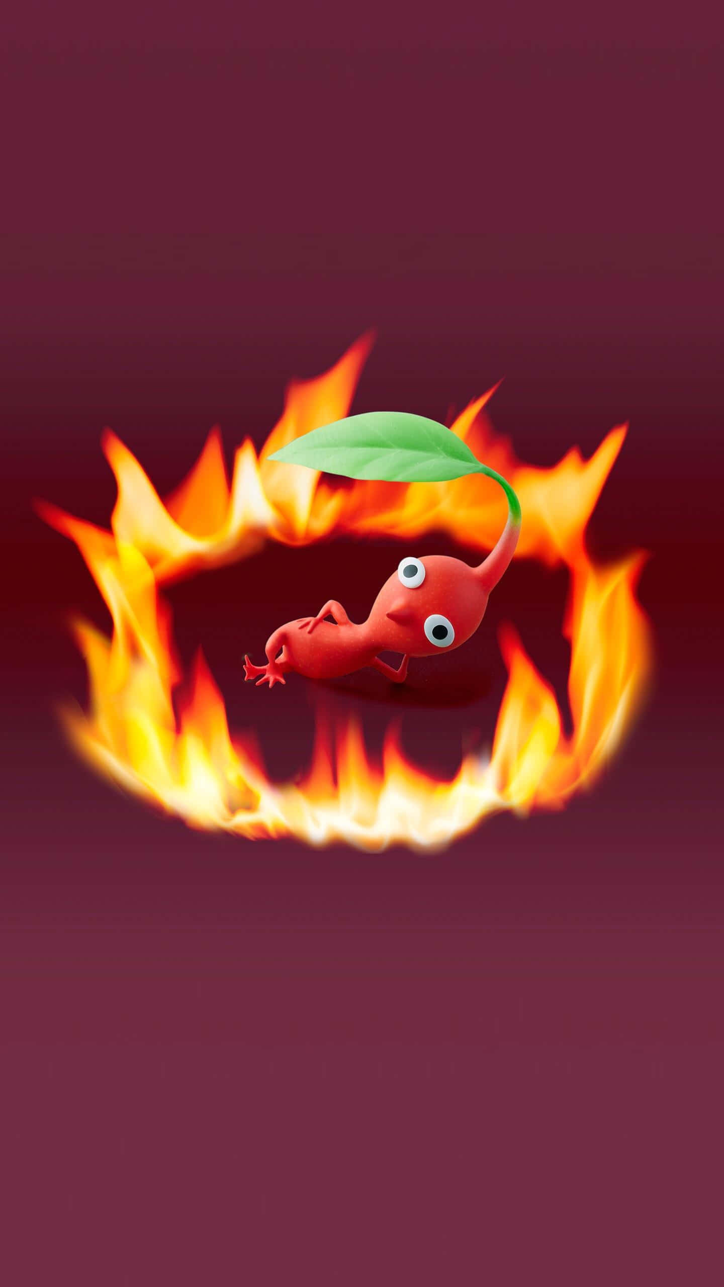Red Pikmin, leaf on its tail, ring of bright orange flames, 2K Phone Wallpaper