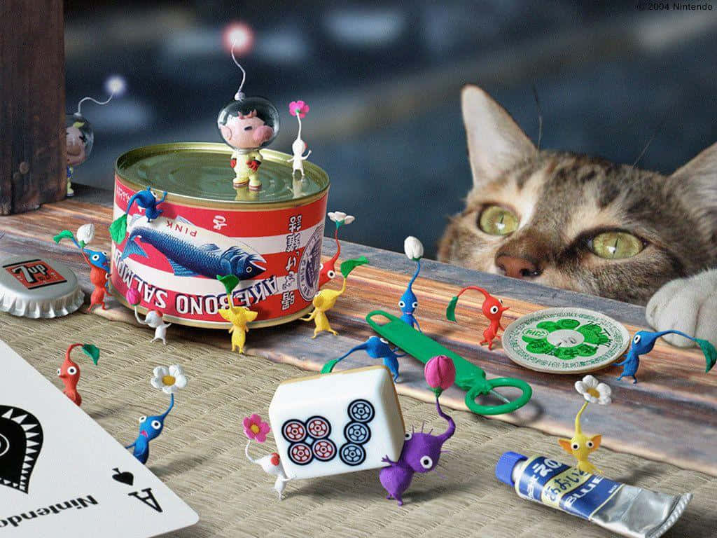 Pikmin, tabby cat, tuna can, SD Desktop Wallpaper