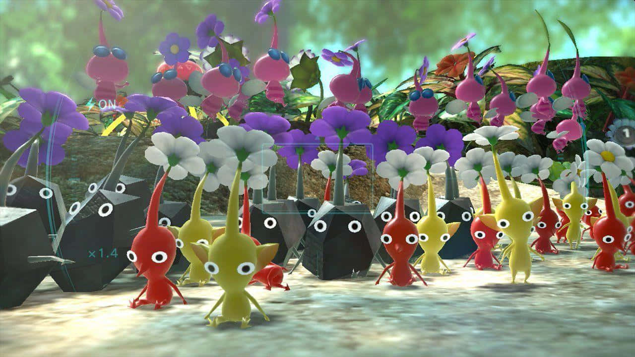 Pikmin, purple and white flowers, sunlit fantasy garden, HD Desktop Wallpaper