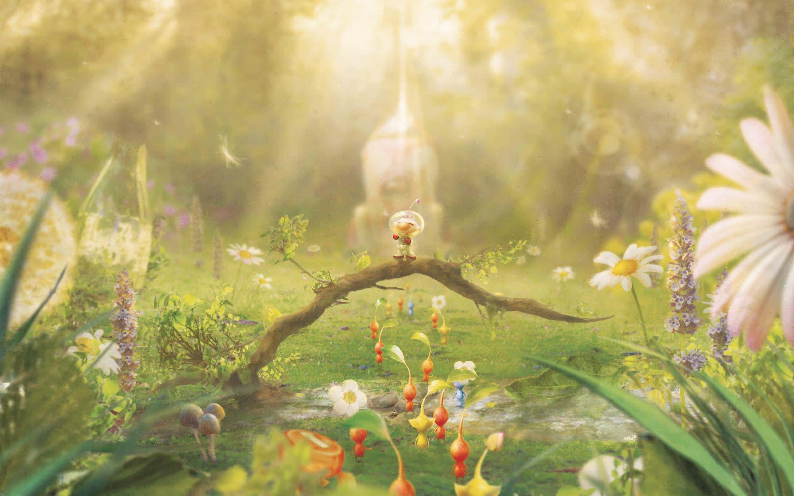 Pikmin, blossoming garden, sun-dappled meadow, 2K Desktop Wallpaper