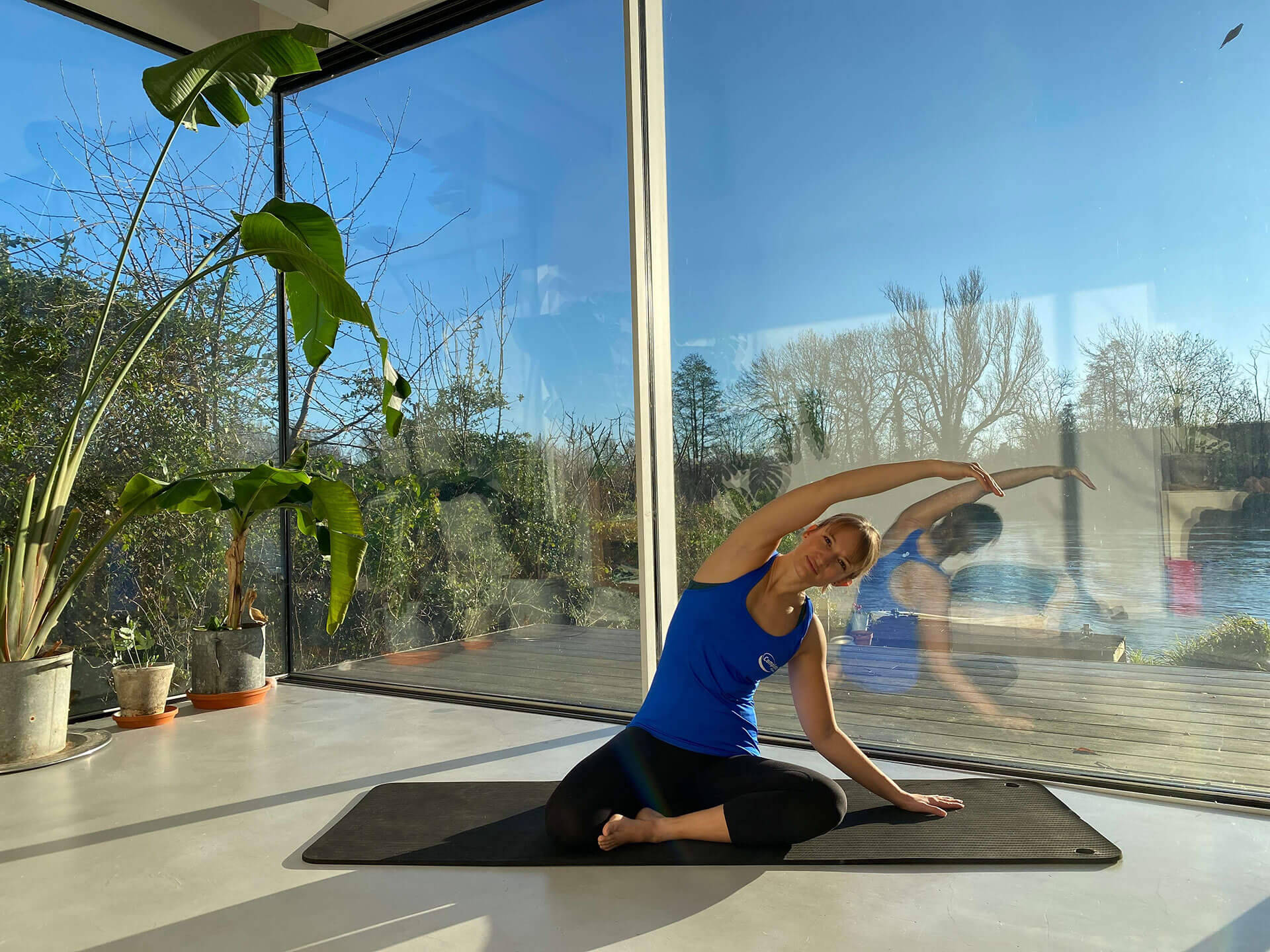 Pilates, blue top, large window, Full HD Desktop Wallpaper