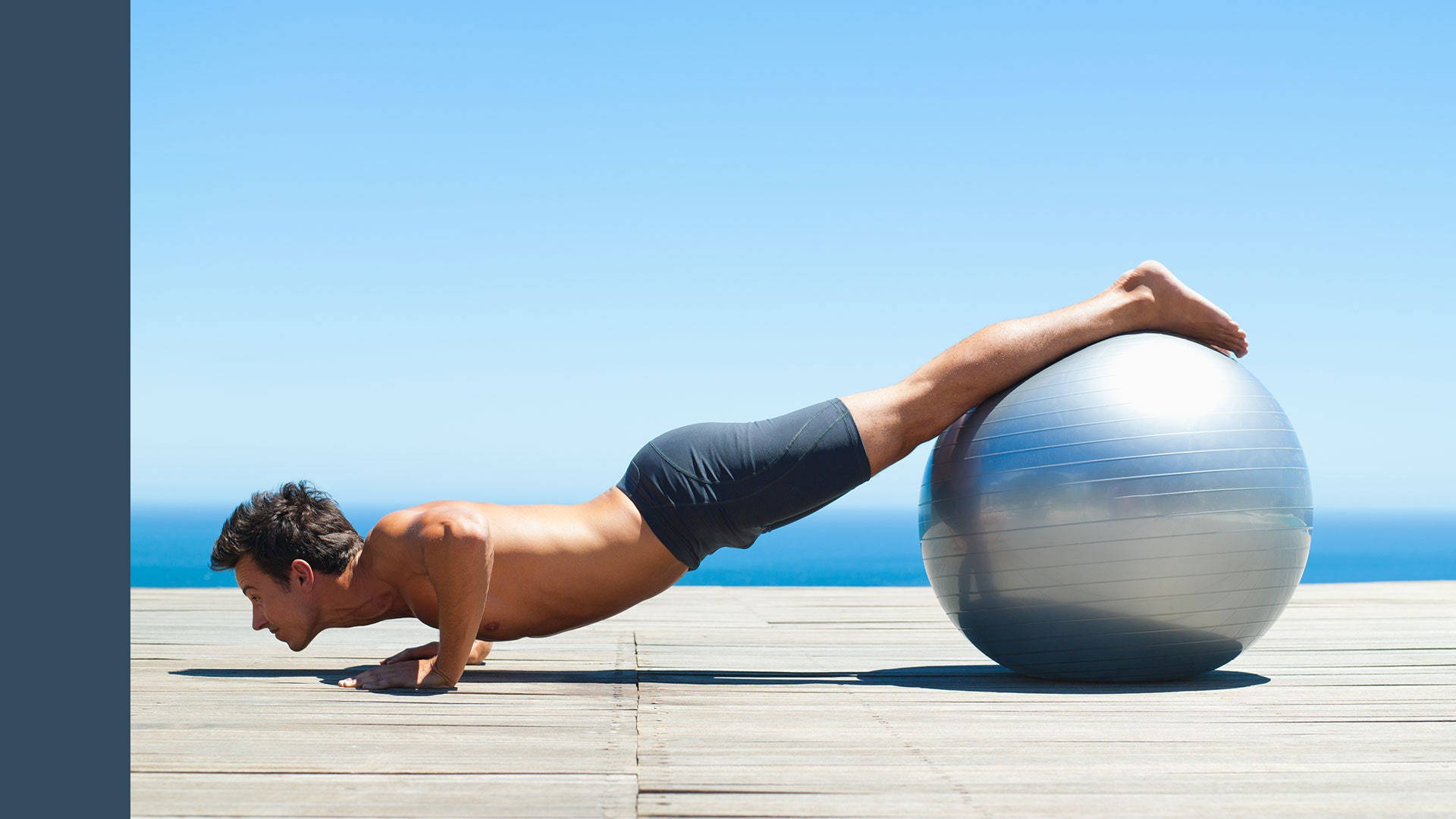plank, silver exercise ball, wooden deck, Full HD Desktop Wallpaper