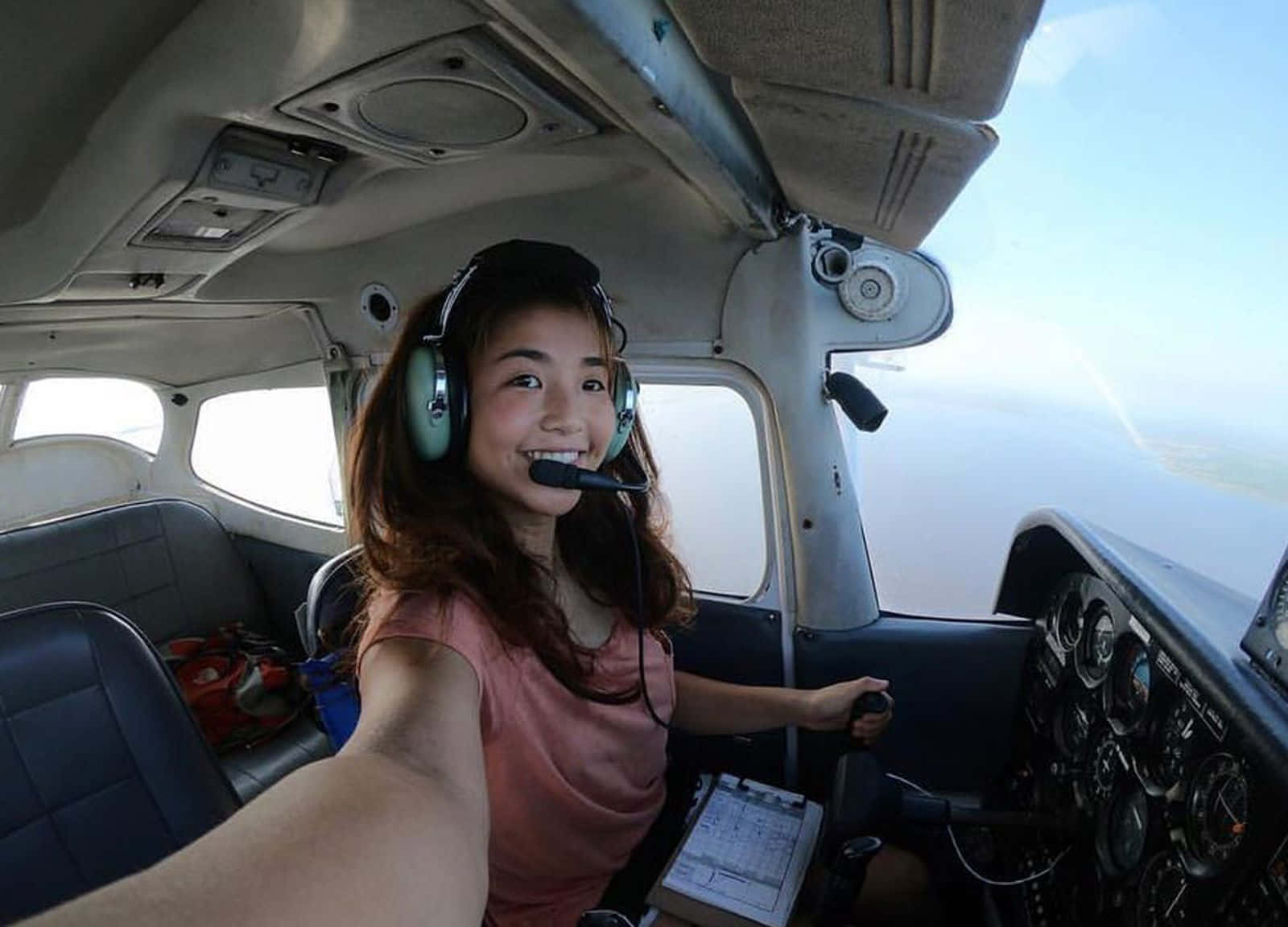 girl pilot, headset, small airplane, HD Desktop Wallpaper