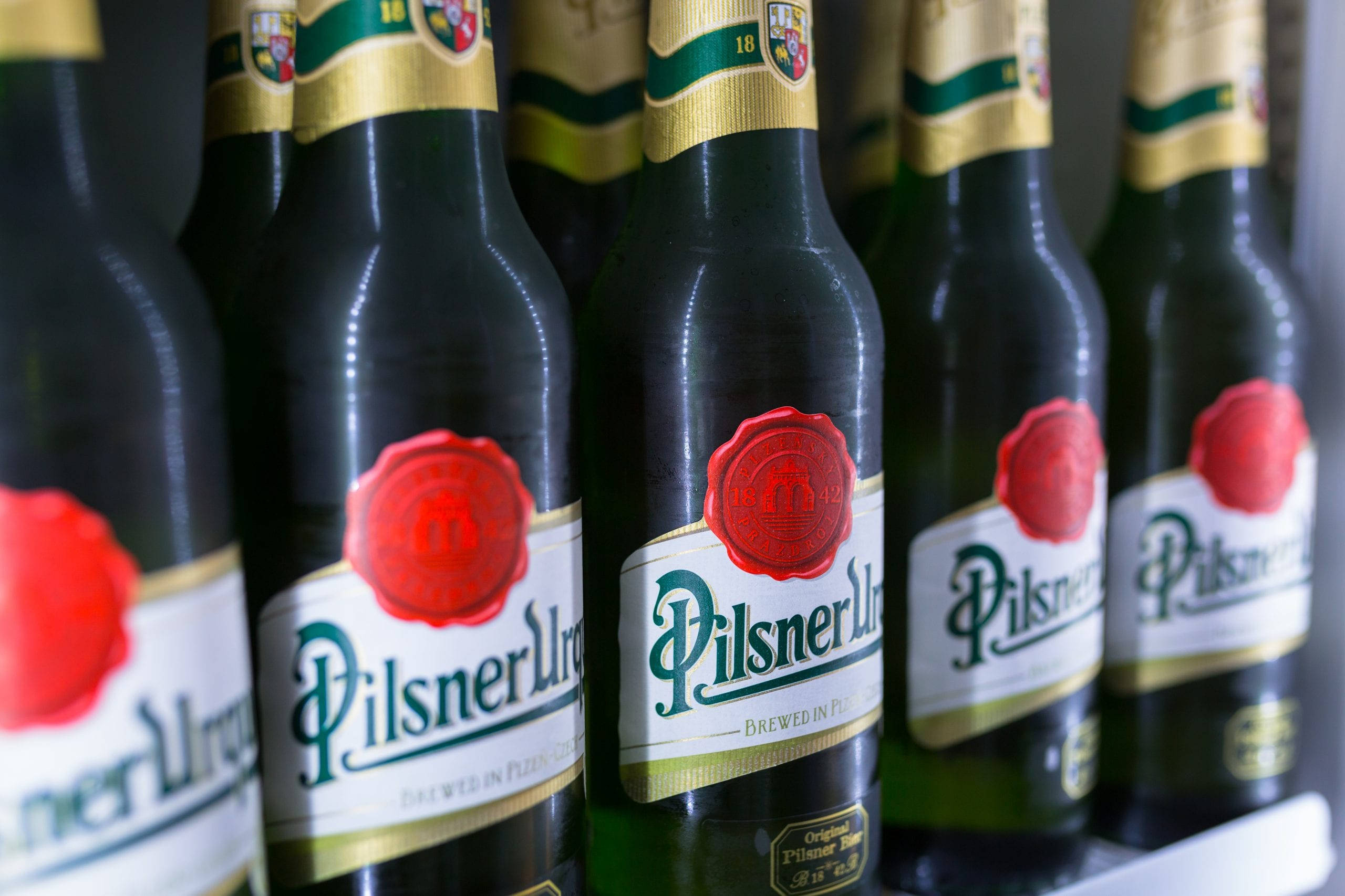 Pilsner Urquell, dark green bottles, red wax seals, 2K Desktop Wallpaper