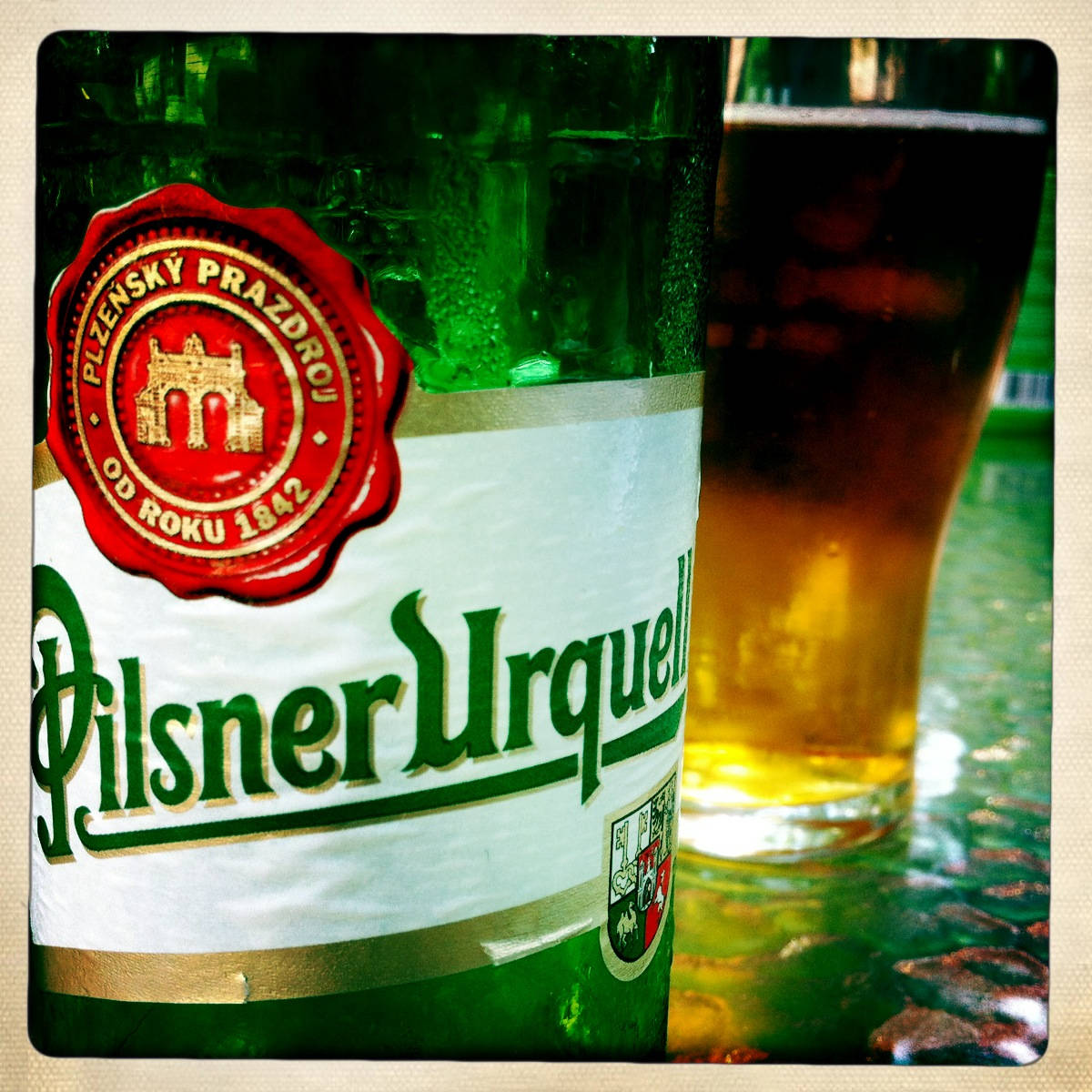 Pilsner Urquell, green bottle, red seal, SD Desktop Wallpaper