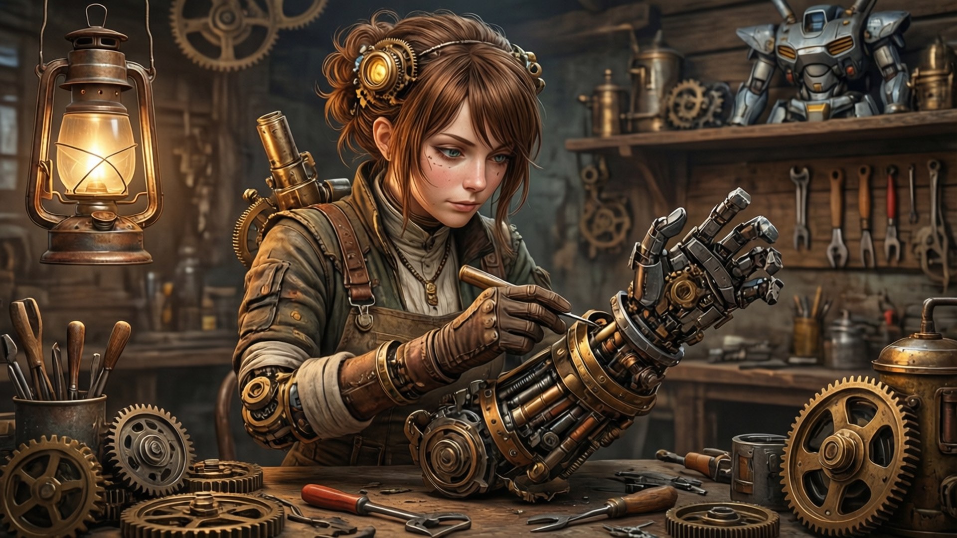 Pinako Rockbell, workshop, auto-mail parts, Full HD Desktop Wallpaper