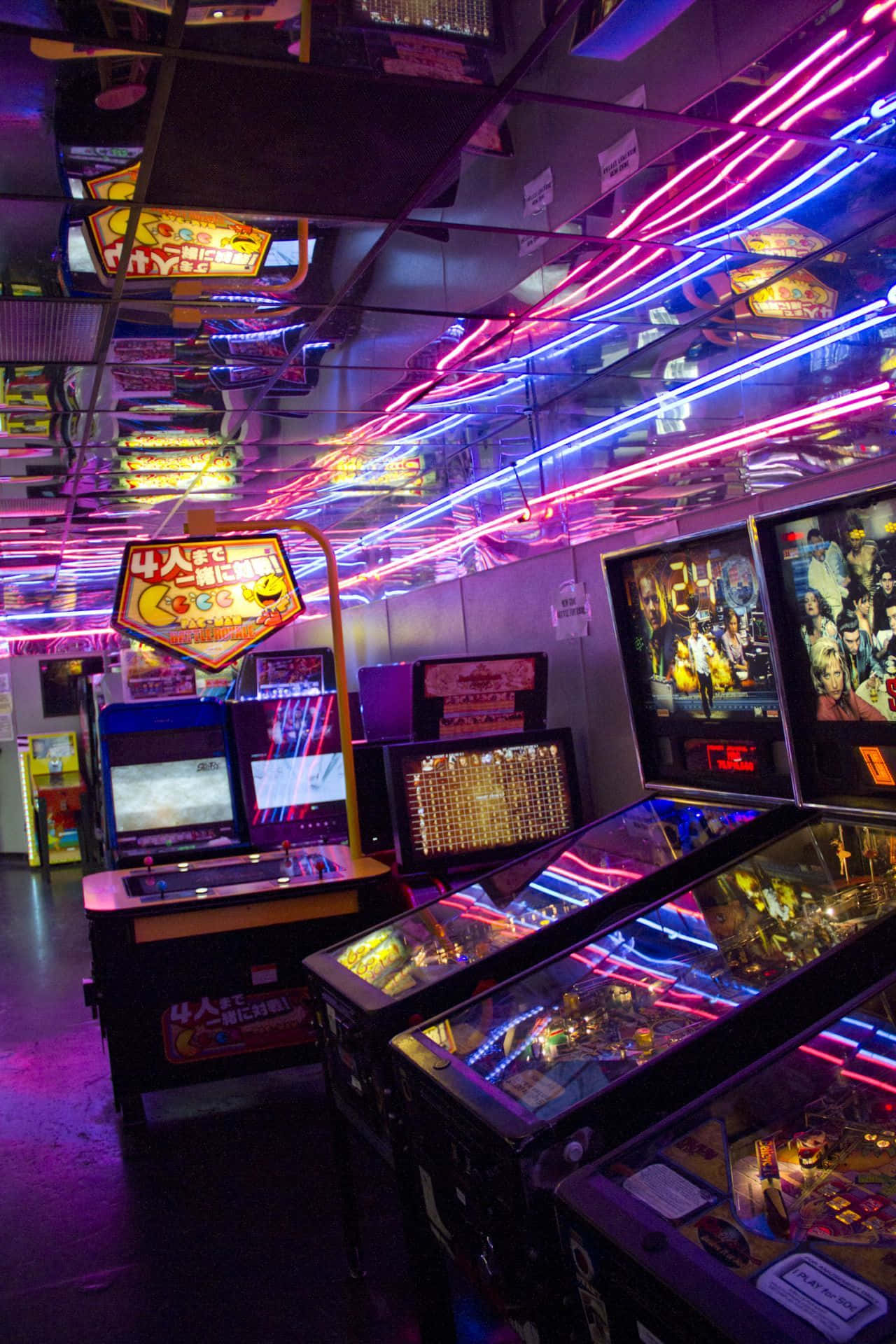 neon lights, retro arcade, glowing pinball machines, Full HD Phone Wallpaper